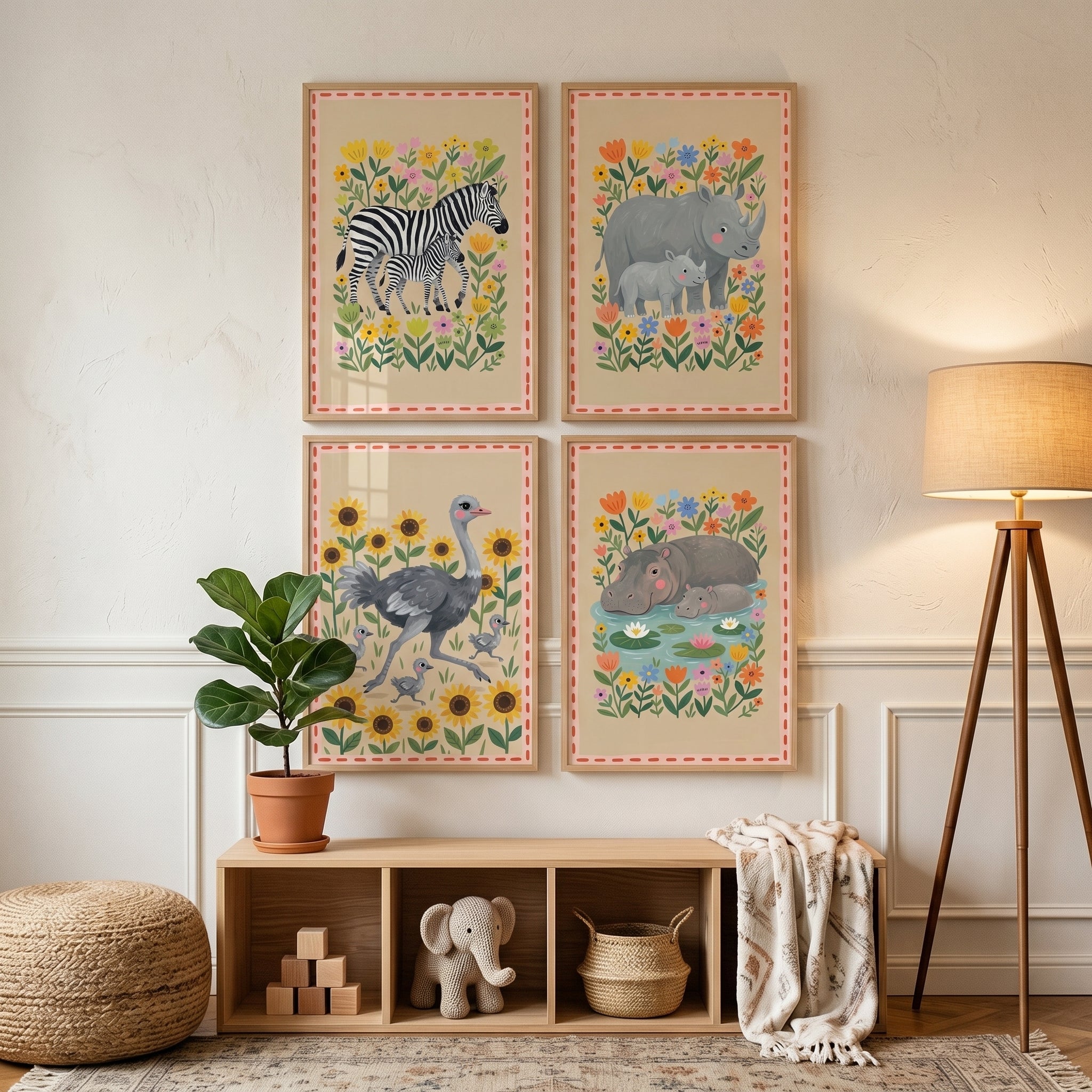 Illustrative Garden Safari Animals Wall Art Set Of 4 - Savanna Family Art