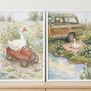 This two-part watercolor-style illustration depicts a charming and whimsical adventure featuring a white goose and a small green frog. Both panels share a soft, muted color palette and a storybook aesthetic.
