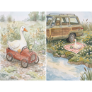  Two panel collage of a white goose riding in a small red wagon with a frog holding a flag alongside a second scene of the goose sitting on a picnic blanket by a stream near a vintage wood paneled car and wildflowers.
