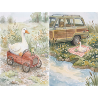  Two panel collage of a white goose riding in a small red wagon with a frog holding a flag alongside a second scene of the goose sitting on a picnic blanket by a stream near a vintage wood paneled car and wildflowers.
