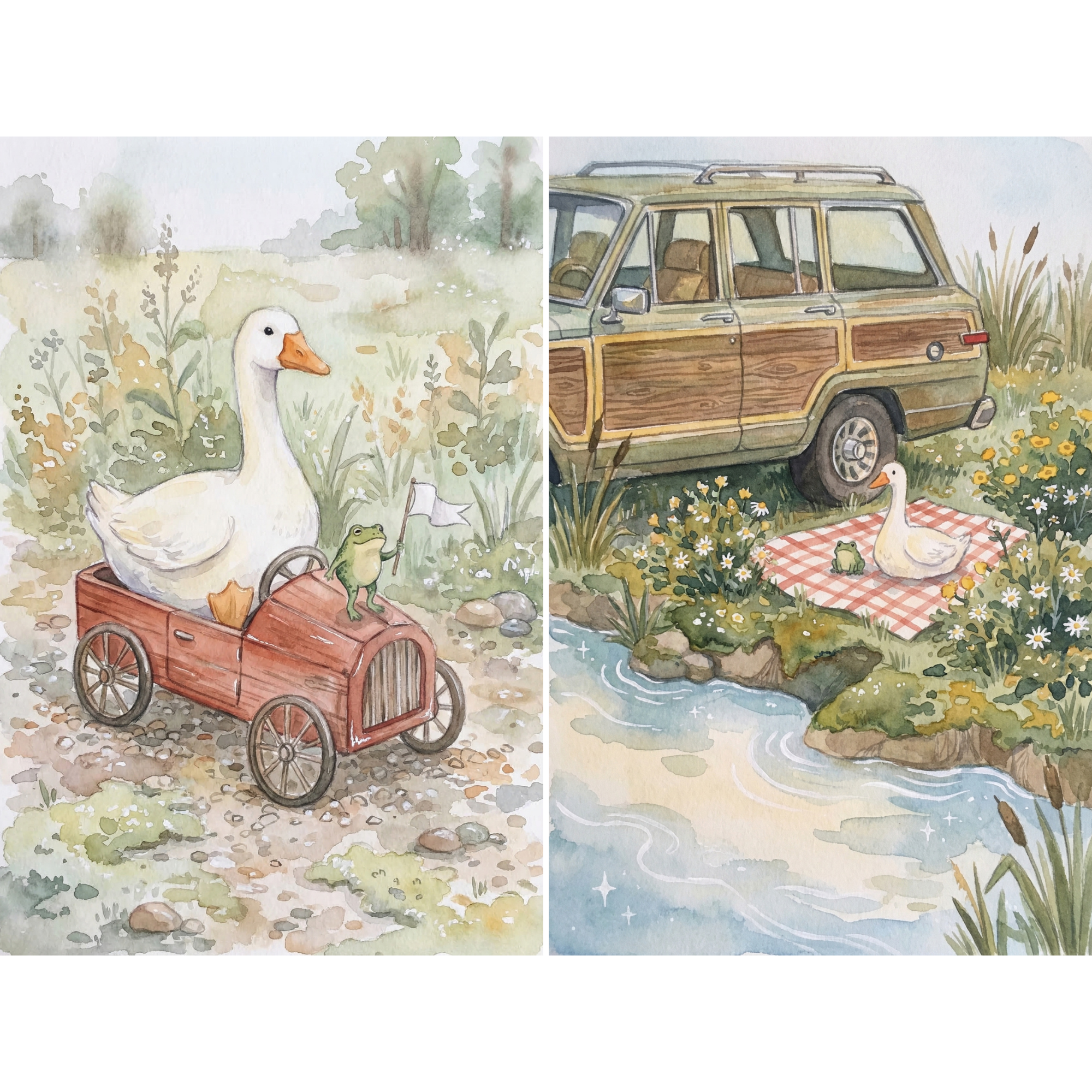 Two panel collage of a white goose riding in a small red wagon with a frog holding a flag alongside a second scene of the goose sitting on a picnic blanket by a stream near a vintage wood paneled car and wildflowers.
