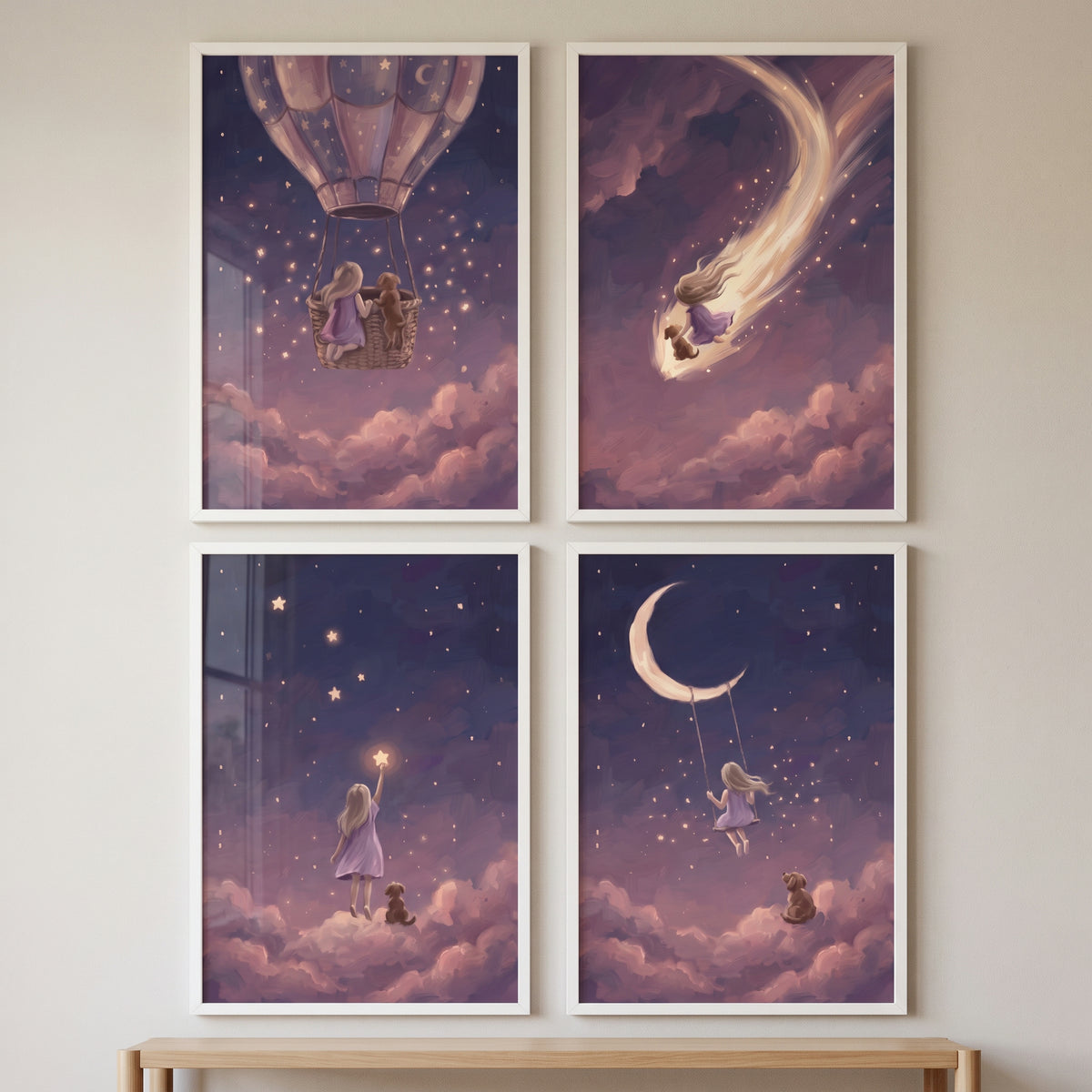 Illustrative lilac girl dog wall art set of 4 shows a child and puppy in whimsical, starry night sky and cloud scenes.
