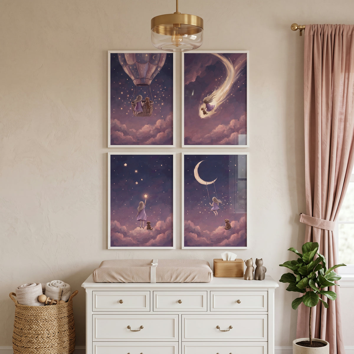 Illustrative Lilac Girl Dog Wall Art Set of 4 - Midnight Star Journeys