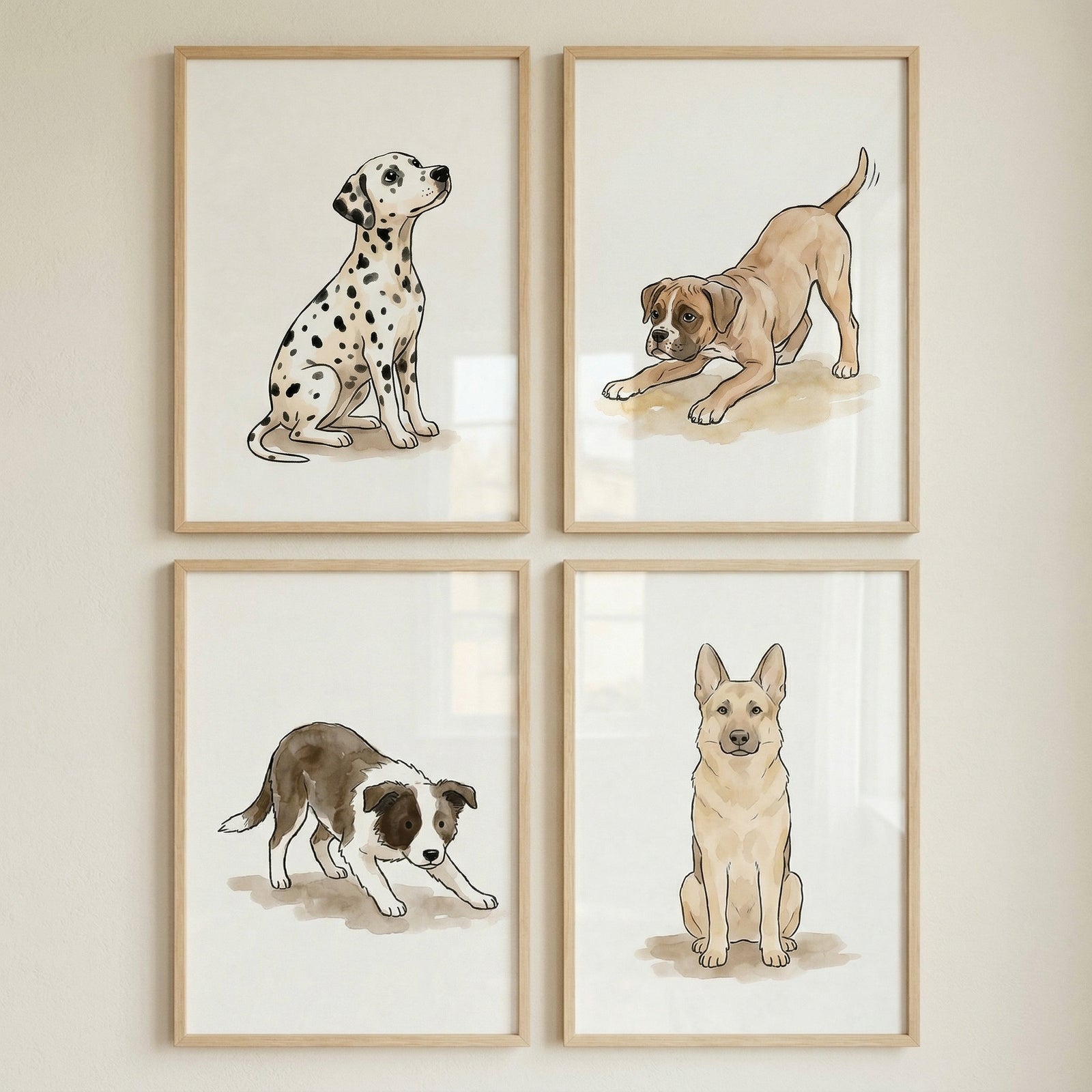 A set of four framed illustrations depicting various dogs is arranged in a square grid on a light-colored wall. Each artwork is created in a gentle watercolor style with soft colors and delicate outlines, set against a plain white background.