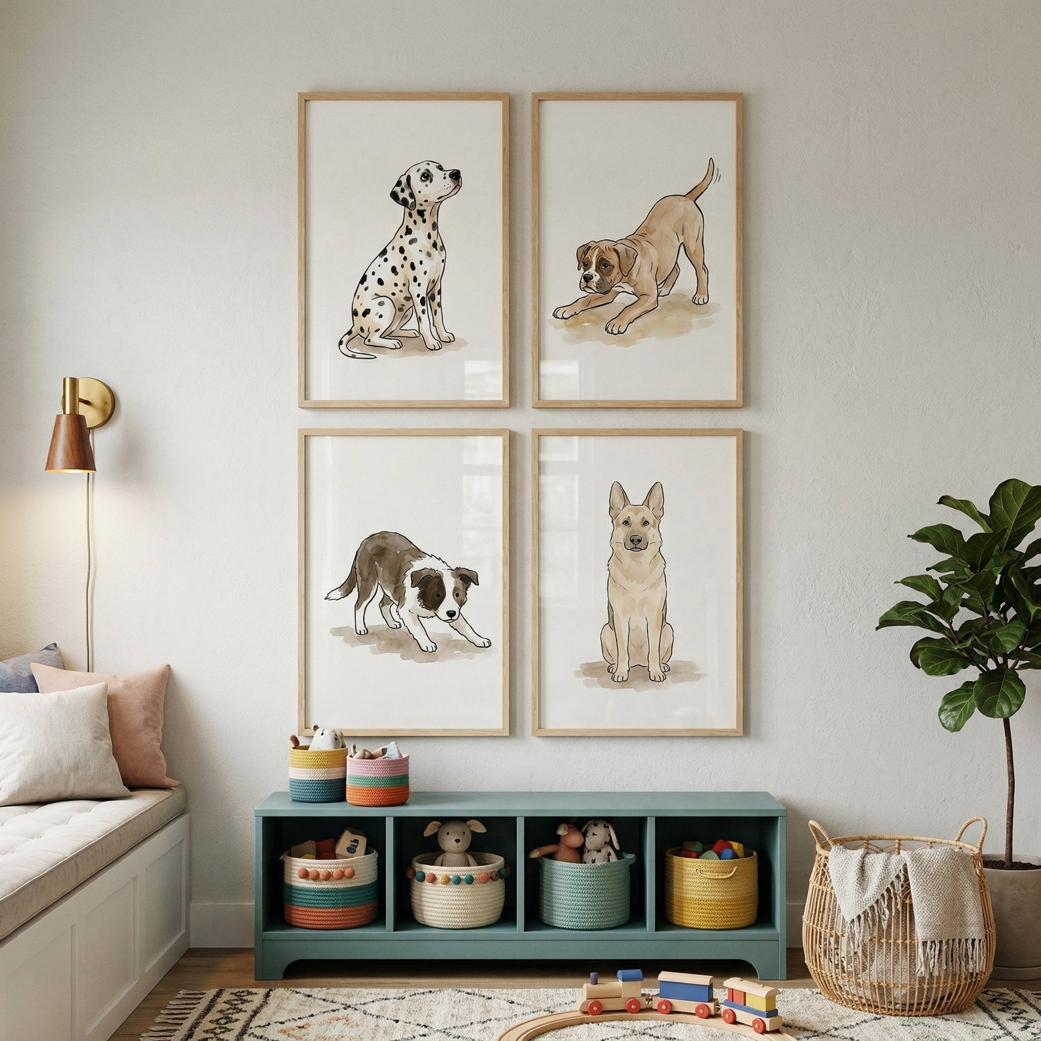 Illustrative Neutral Dog Wall Art Set of 4 - Playful Canine Sketches