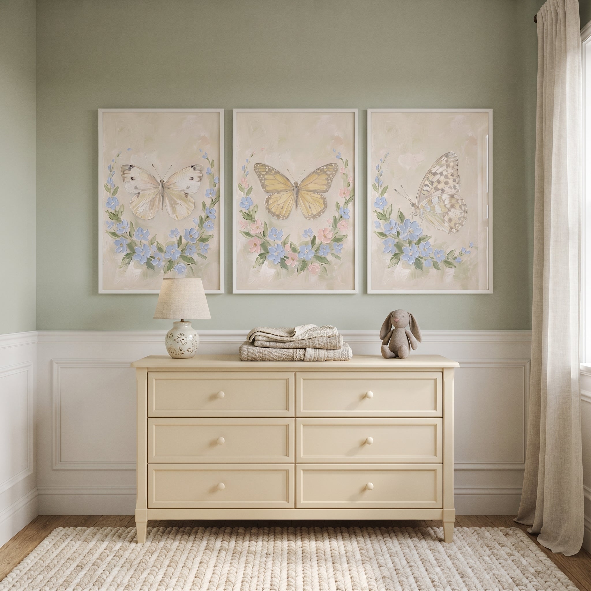 Impasto Blue Petal Butterfly Wall Art Set of 3 - Pastel Butterfly Trio