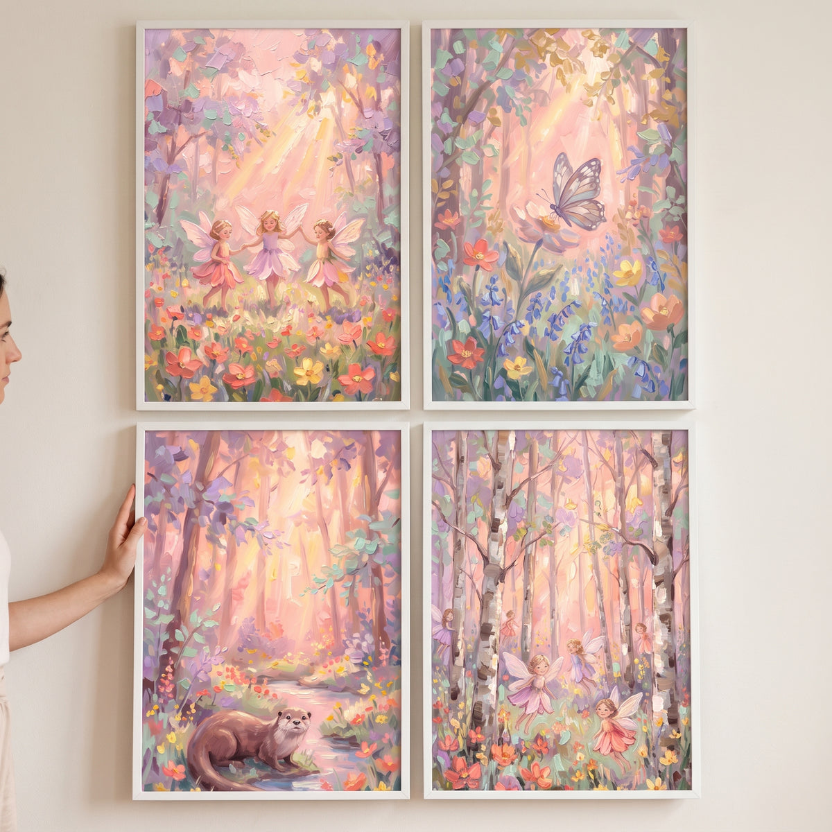 Impasto Blush Magical Woodland Wall Art Set of 4 - Whimsical Forest Spirits