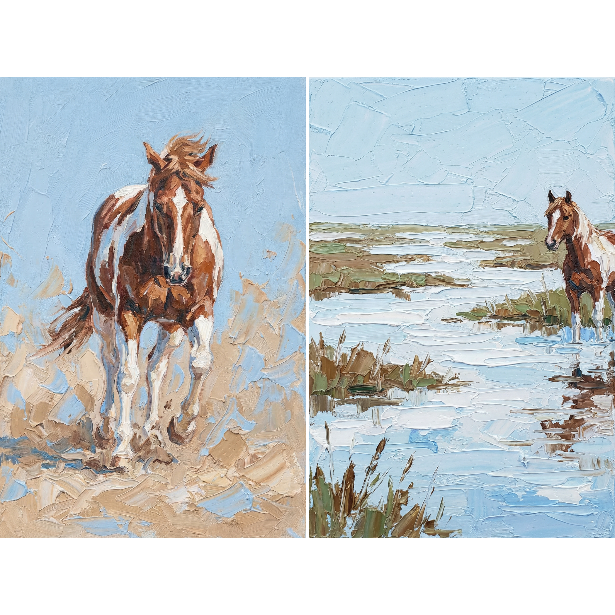Impasto Brown White Horse Wall Art Set of 2 - Wild Marsh Horses