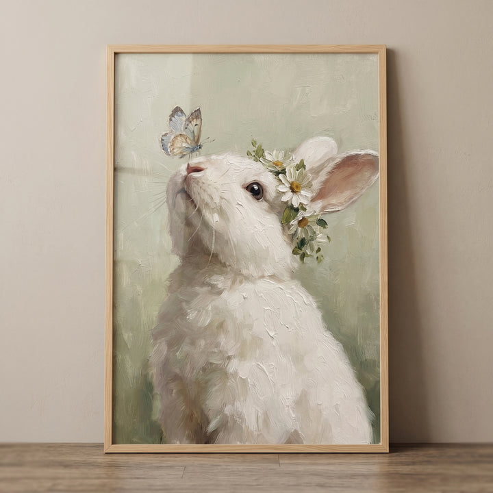 Impasto butterfly white rabbit wall art shows a bunny with a daisy crown looking up at a blue butterfly.