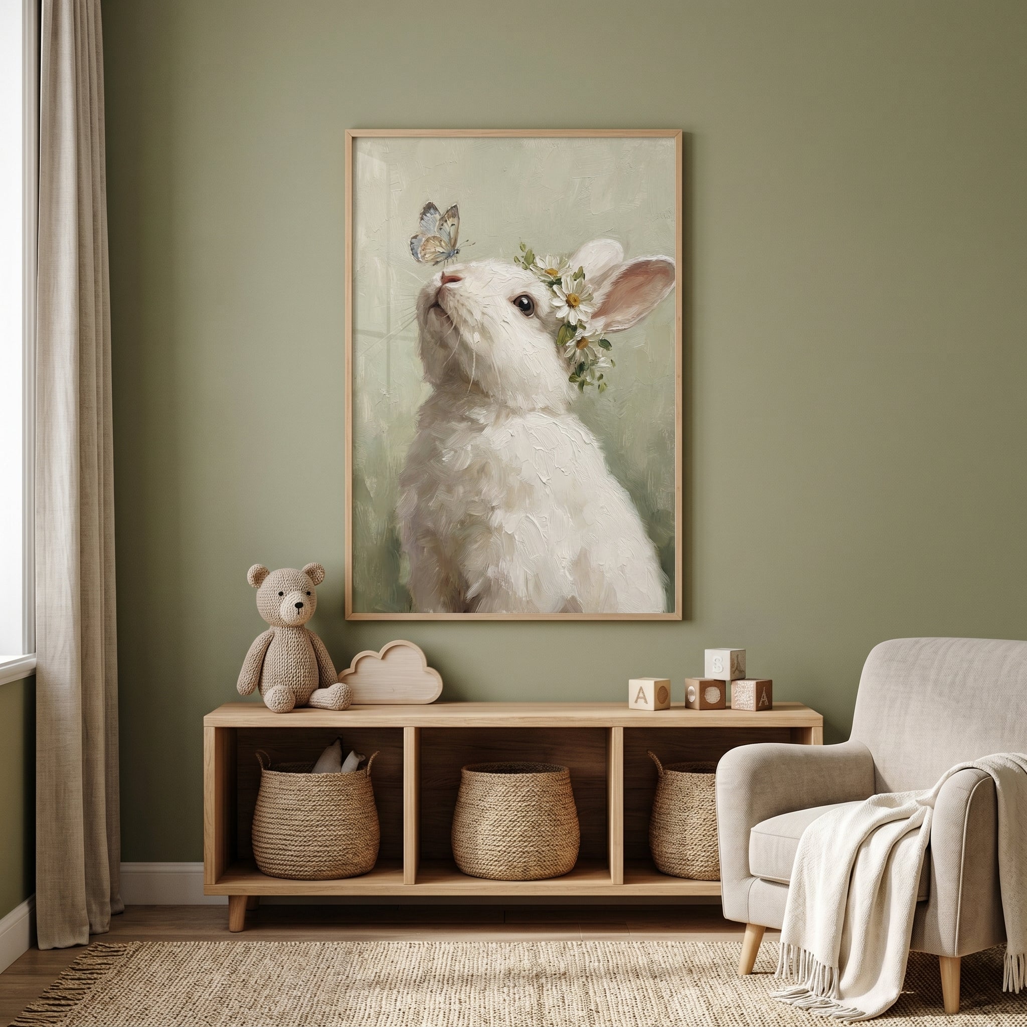 Impasto butterfly white rabbit wall art hangs above a wooden shelf with baskets and a plush bear in a green nursery.