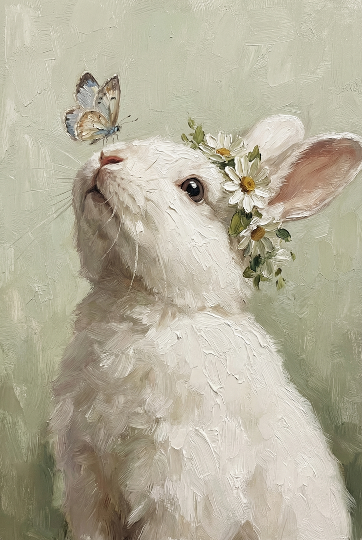 Soft painted white rabbit with a daisy crown looks up at a butterfly, creating a whimsical animal wall art piece with a gentle, calming tone.
