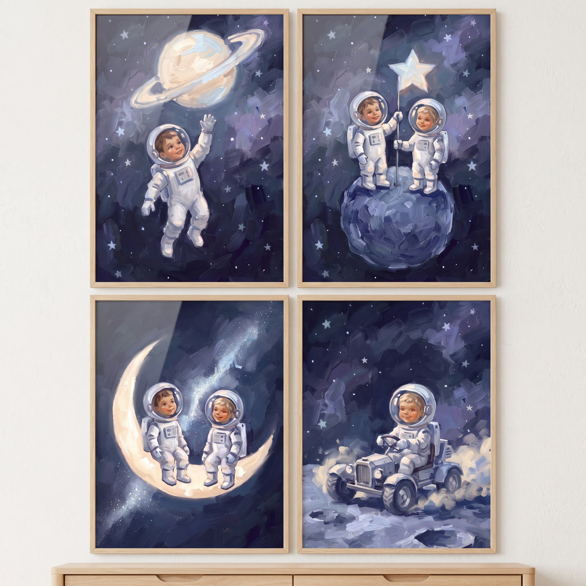 Impasto cobalt baby astronaut wall art set of 4 depicts children in space suits with stars, moons, and a moon rover.