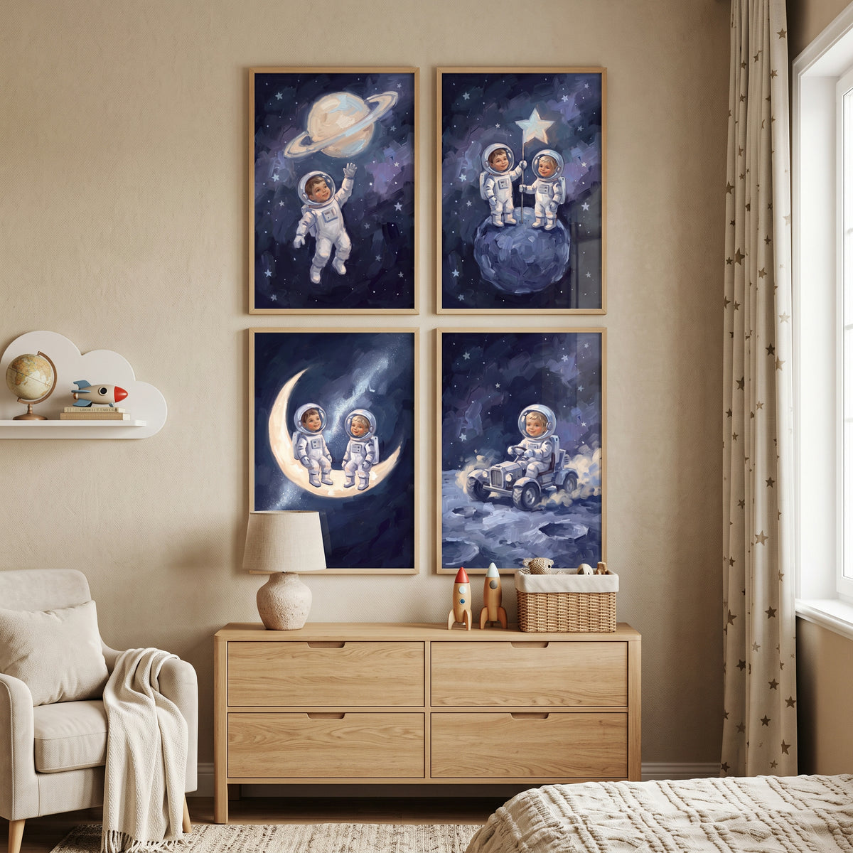 Impasto Cobalt Baby Astronaut Wall Art Set of 4 - Tiny Cosmic Travelers