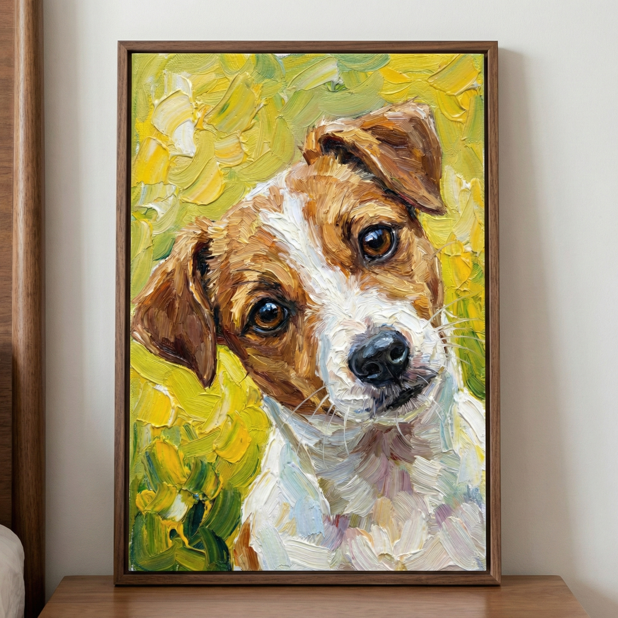A vertical framed artwork depicts a close-up portrait of a small brown and white dog. The creation uses a heavy impasto technique, where thick, textured application of color is visible across the entire surface. The dog has large, dark eyes and a black nose, with its head tilted to one side. A background of vibrant yellow and green tones is rendered in bold, energetic strokes. The canvas is presented in a simple, dark wood frame, resting on a wooden surface against a neutral-colored wall.