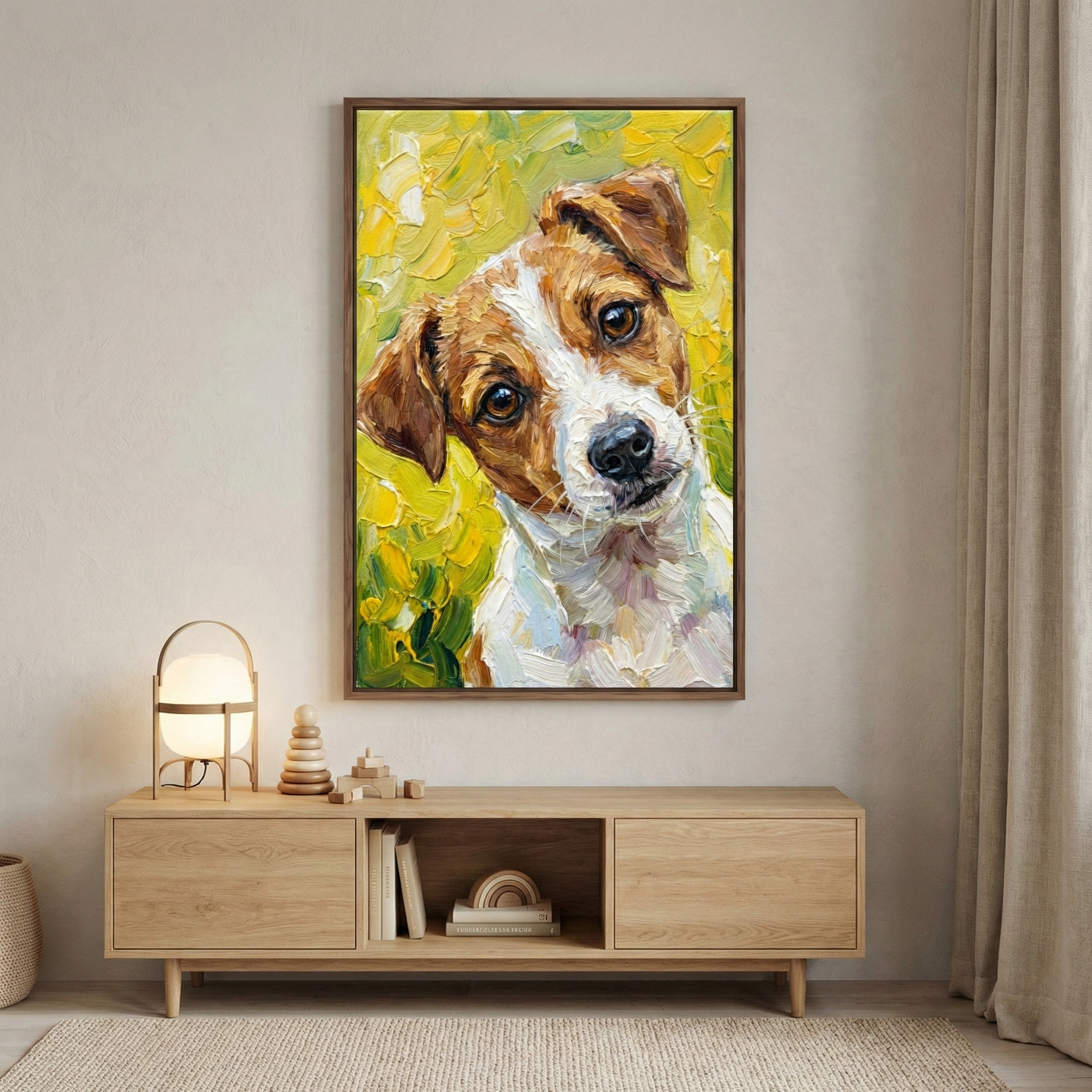 Framed impressionist style portrait of a brown and white puppy with expressive dark eyes and a tilted head set against a vibrant yellow and green textured background. The bold brushstrokes and warm colors create a cheerful focal point that adds personality and charm to a cozy, modern living space.