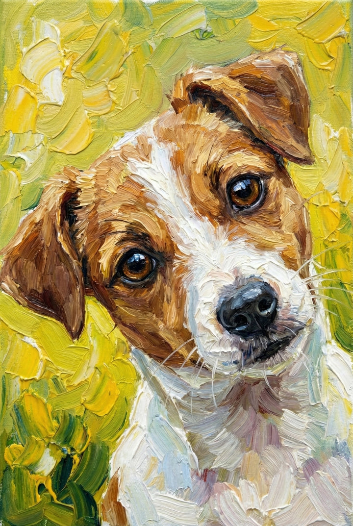 A textured portrait of a brown and white dog with expressive, dark eyes. The dog's head is slightly tilted, and its features are rendered with heavy, visible brushstrokes in a thick impasto style. The background is a vibrant blur of yellow and green tones. Fine white whiskers extend from a black nose, and the fur is a mixture of chestnut brown and bright white. The artwork captures a soulful gaze in a close-up perspective.