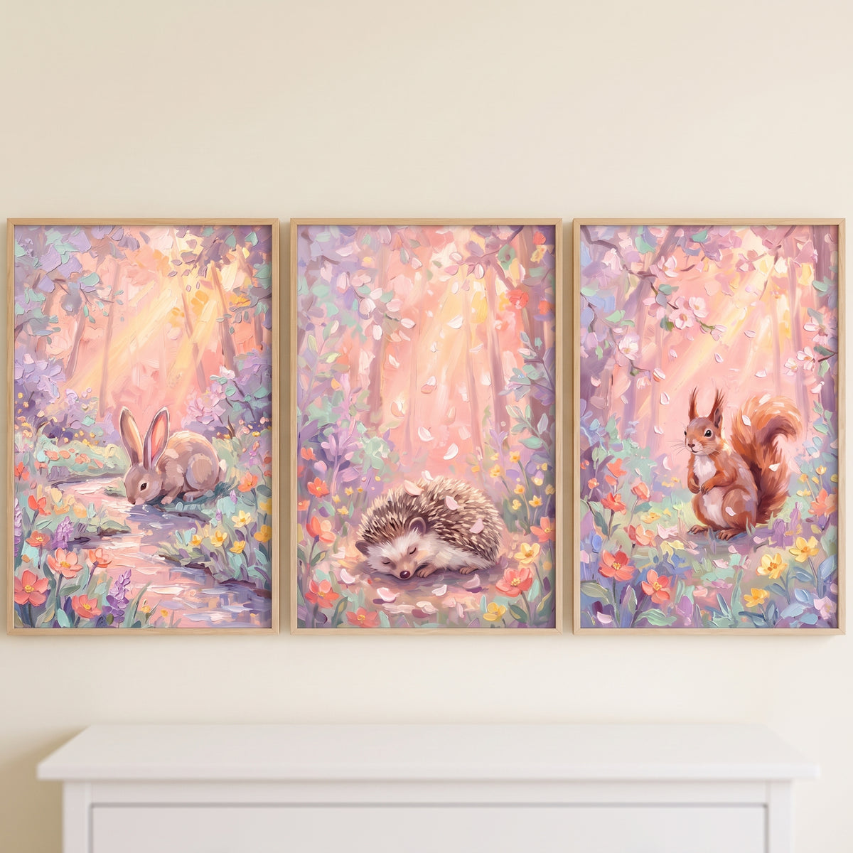 Impasto floral woodland animals artwork set of 3 with a rabbit, hedgehog, and squirrel in a sunlit forest.