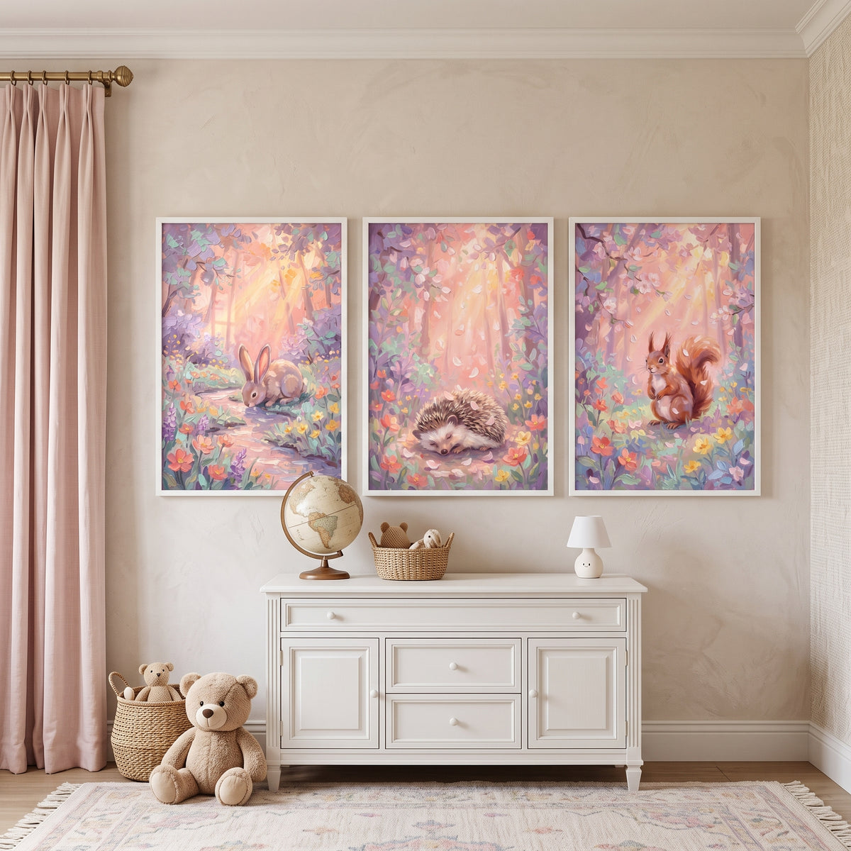 Impasto Floral Woodland Animals Artwork Set of 3 - Dreamy Woodland Trio