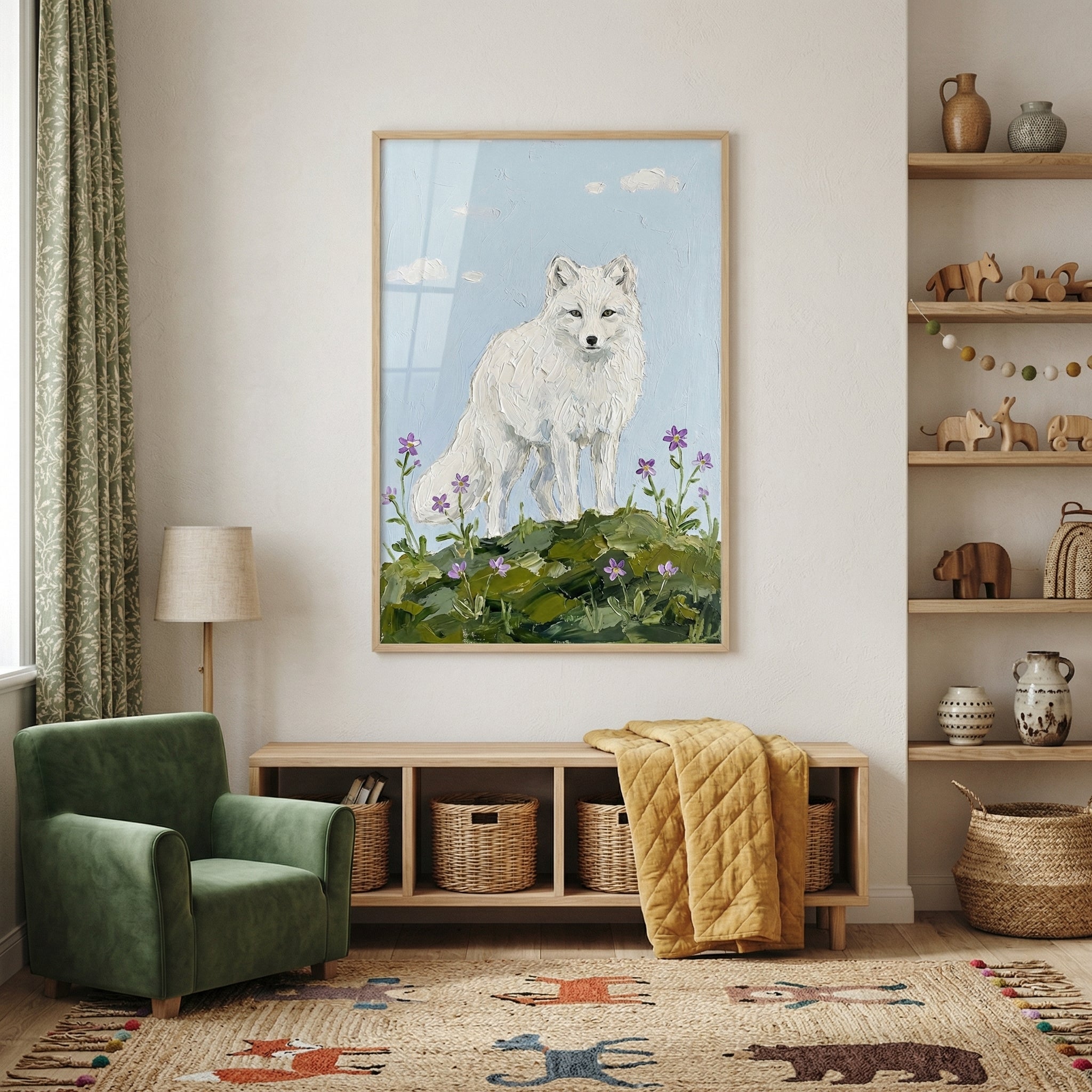 Framed painting of a white fox standing on a grassy hill dotted with small purple flowers under a soft blue sky hangs above a wooden bench with woven baskets. A cozy reading corner with a green armchair and warm textiles creates a calm nature inspired space centered around the artwork.