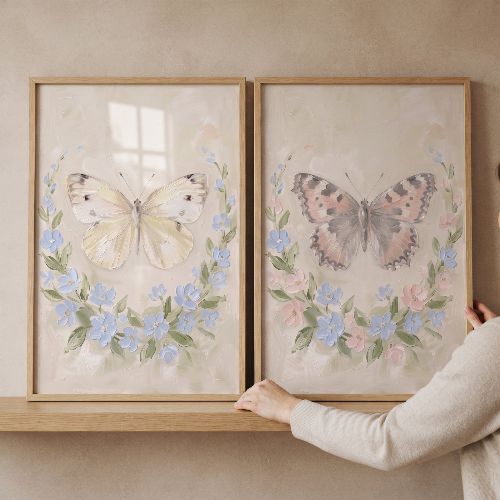 Impasto garden floral butterfly wall art set of 2 featuring textured yellow and grey butterflies inside floral wreaths.