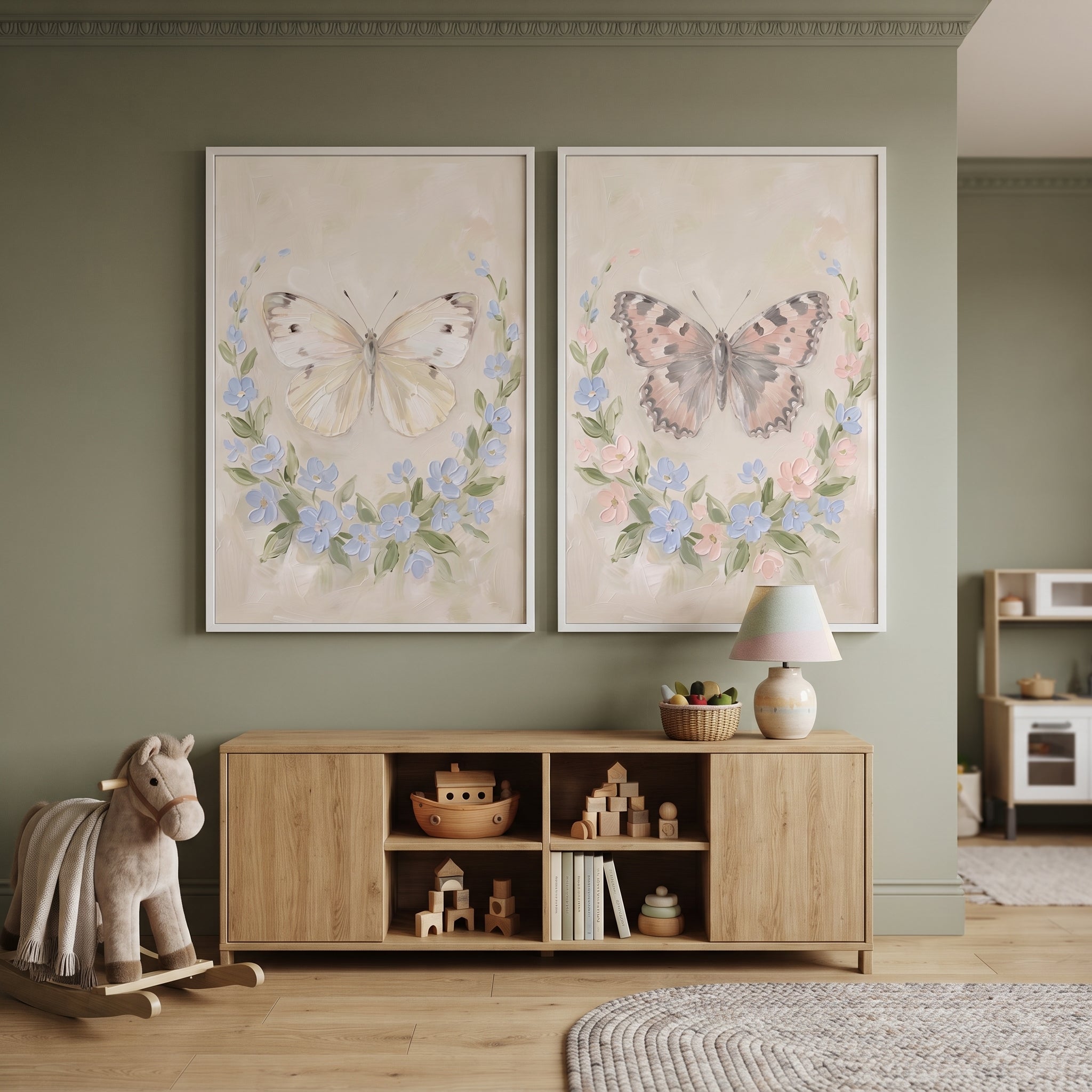 Impasto Garden Floral Butterfly Wall Art Set of 2 - Pastel Winged Blooms