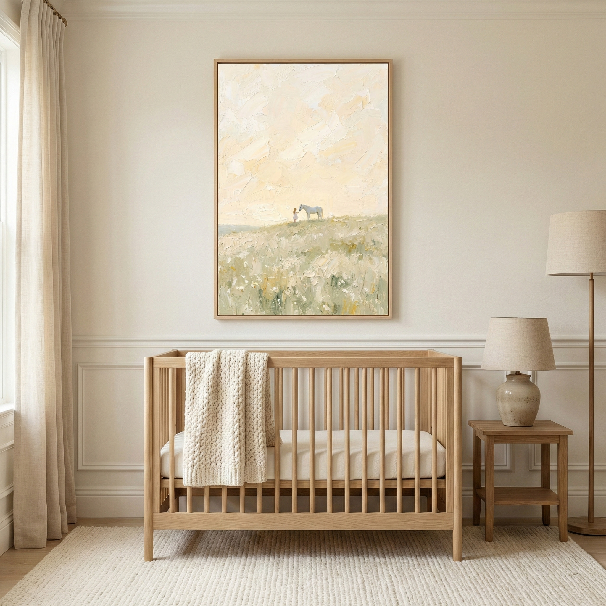 A light wood crib with a cream knit blanket draped over the rail sits against softly paneled walls in a serene neutral nursery. Above the crib hangs a large framed impressionist painting of a small girl standing on a grassy hill beside a white horse beneath a wide textured ivory sky, adding a dreamy open landscape focal point to the calm minimalist space.