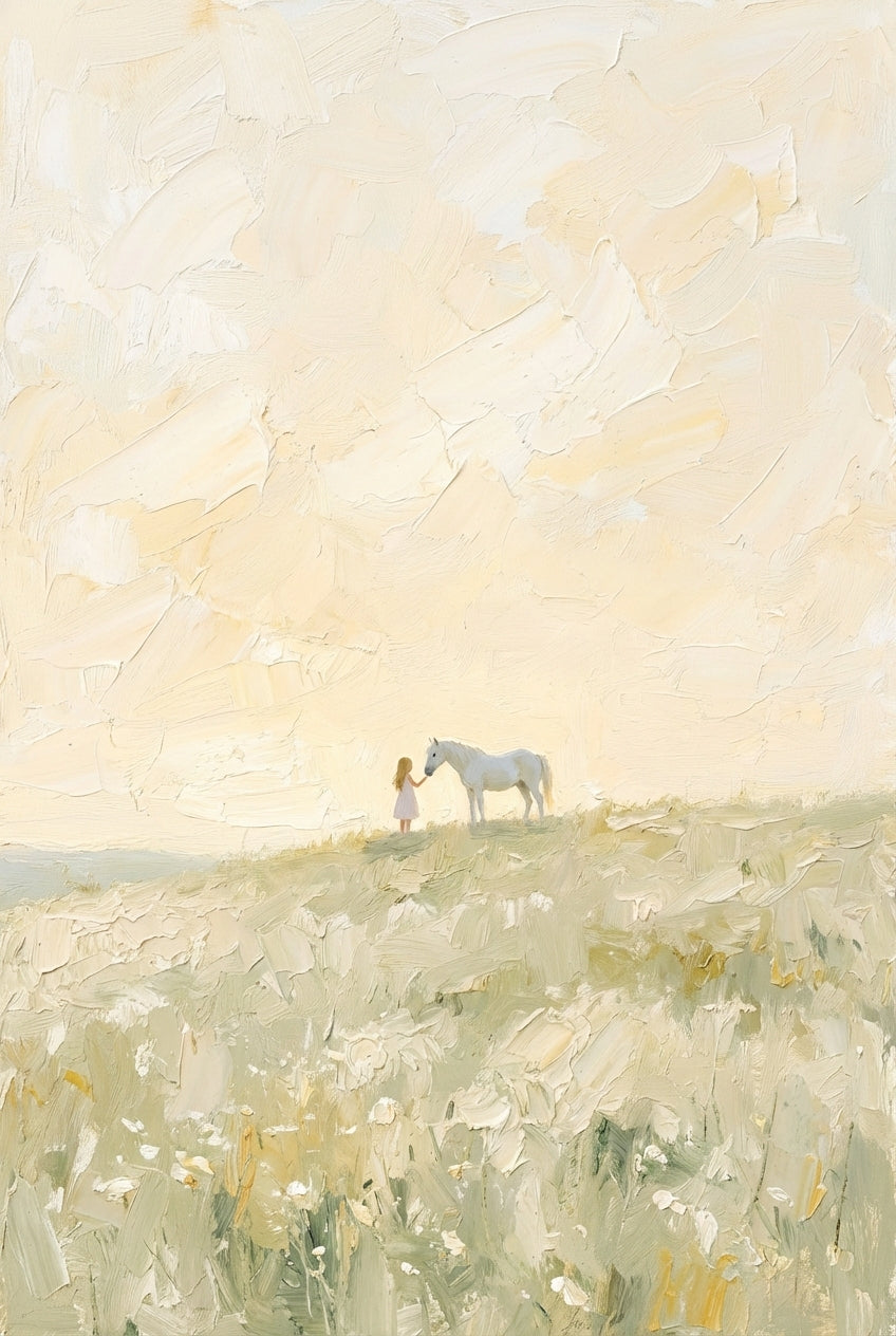 An impasto-style artwork featuring thick, visible texture throughout. The scene depicts a vast, luminous sky in shades of cream and pale yellow, taking up the upper portion of the frame. In the center, a small girl in a simple light-colored dress stands on a gentle hill, reaching out to touch the muzzle of a white horse. The hill and foreground are rendered in muted greens and whites, suggesting a field of wildflowers. The overall atmosphere is serene and dreamlike, using a soft, light-filled color palette.