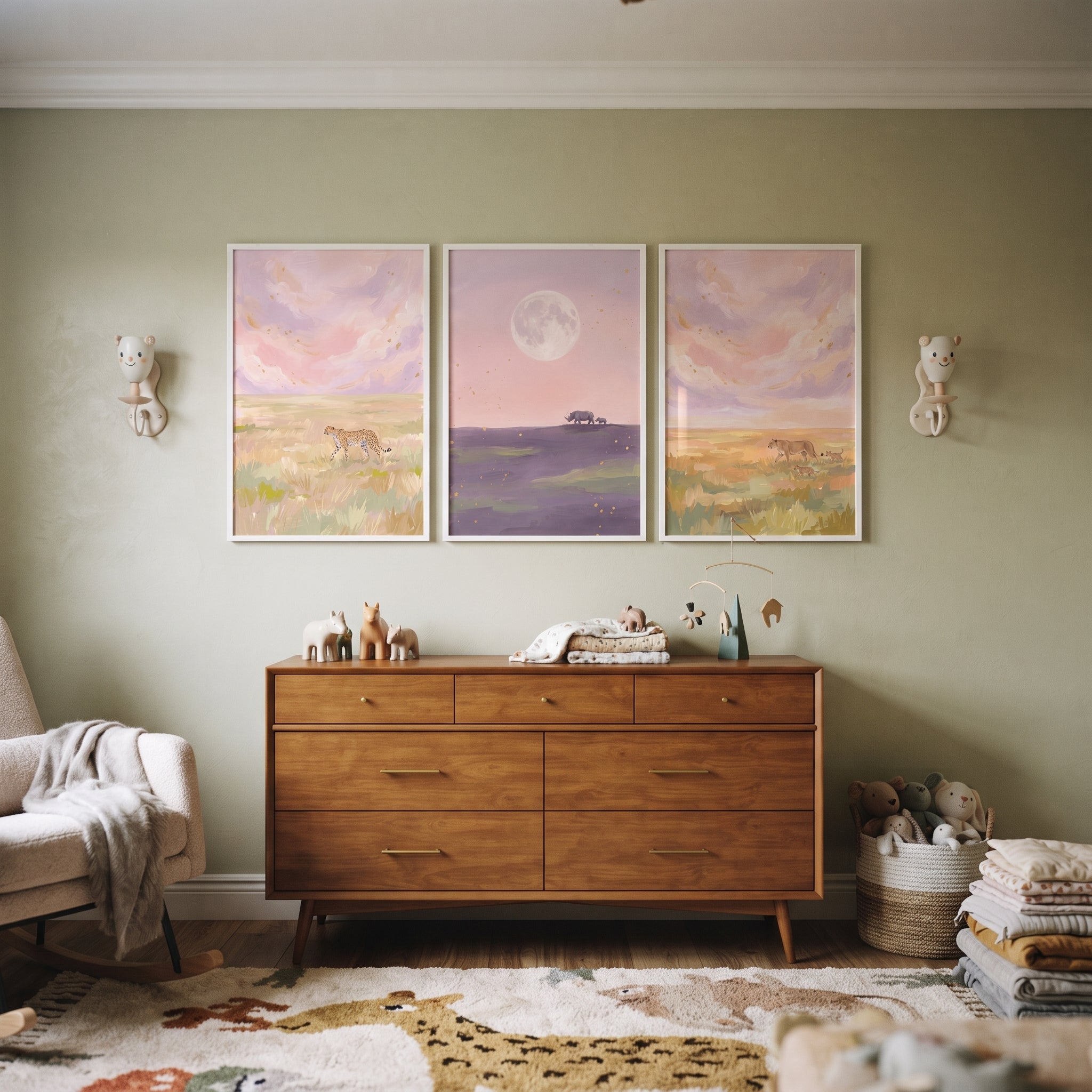 Impasto Mauve Safari Animals Wall Art Set of 3 - Moonlit Wild Plains