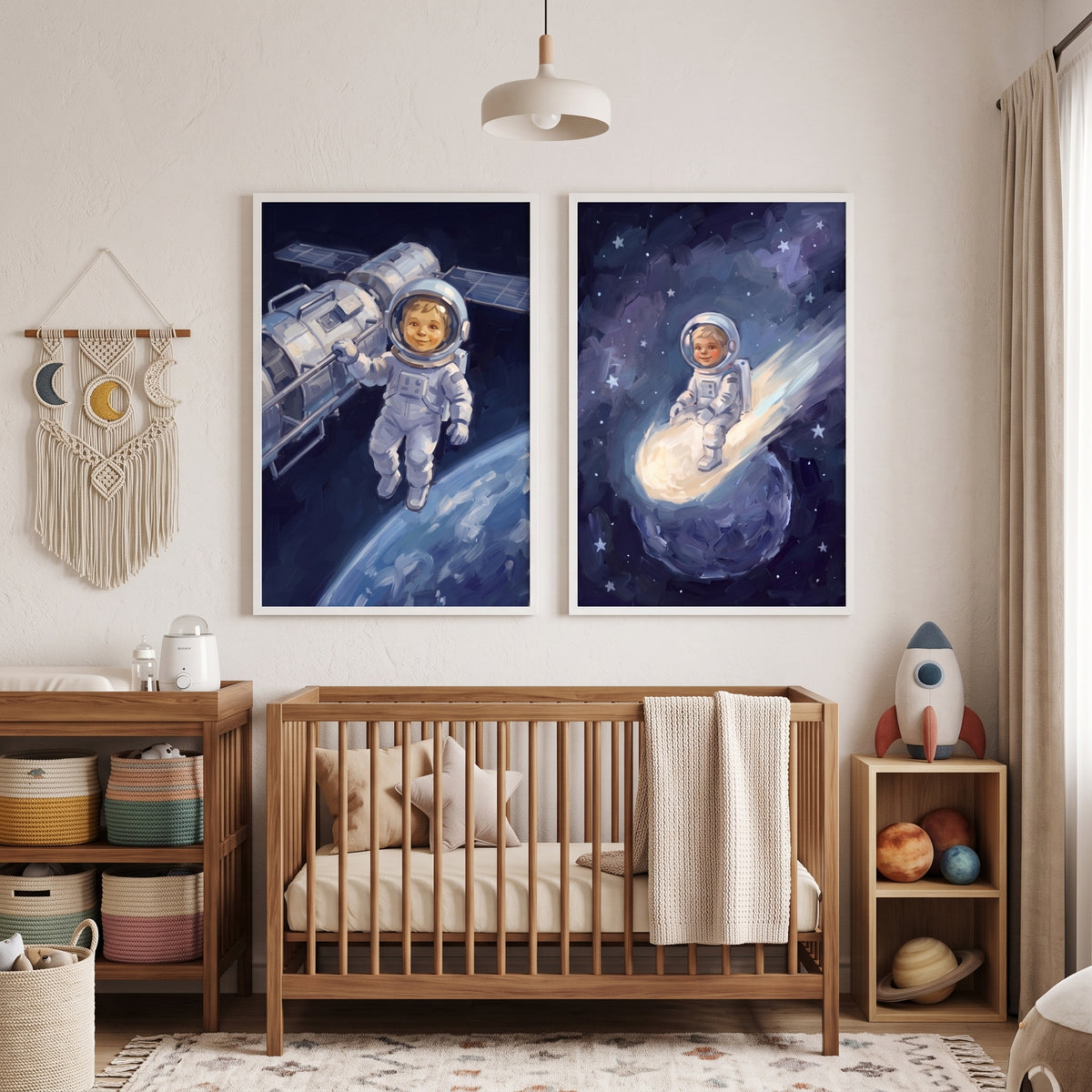 Impasto Navy Baby Astronaut Wall Art Set of 2 - Tiny Space Explorer