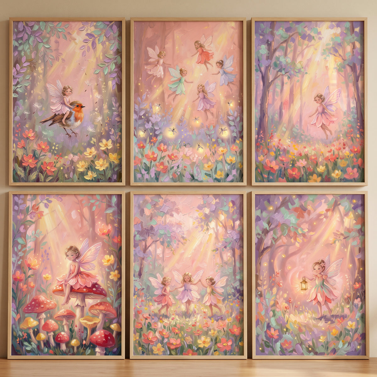 Impasto pastel enchanted fairy wall art set of 6 shows winged mythical creatures among flowers and trees in soft light.