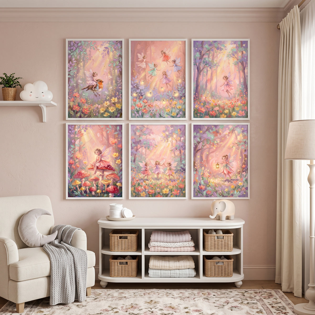 Impasto Pastel Enchanted Fairy Wall Art Set of 6 - Whimsical Blossom Magic