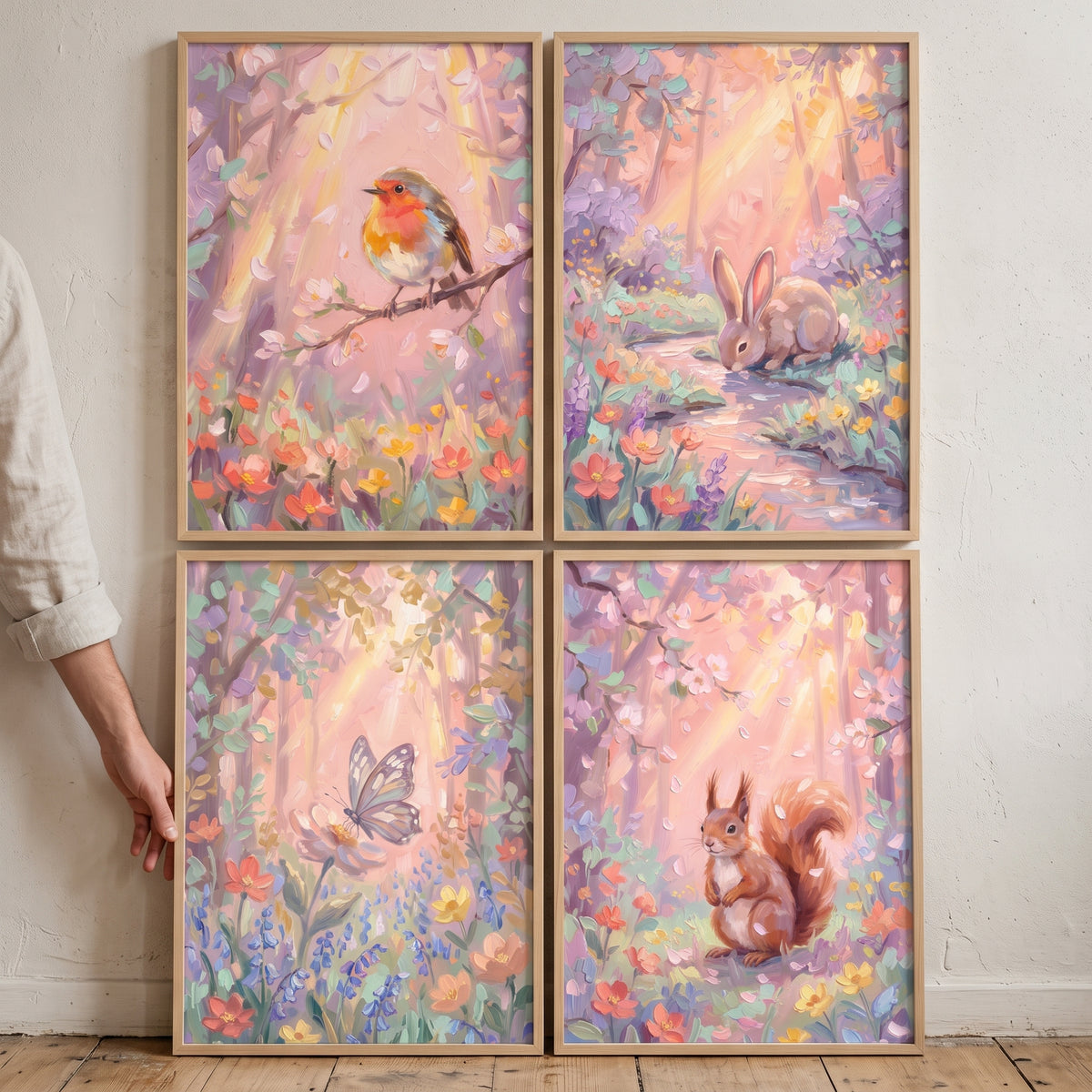 Impasto Pink Forest Animals Wall Art Set of 4 - Golden Hour Woods