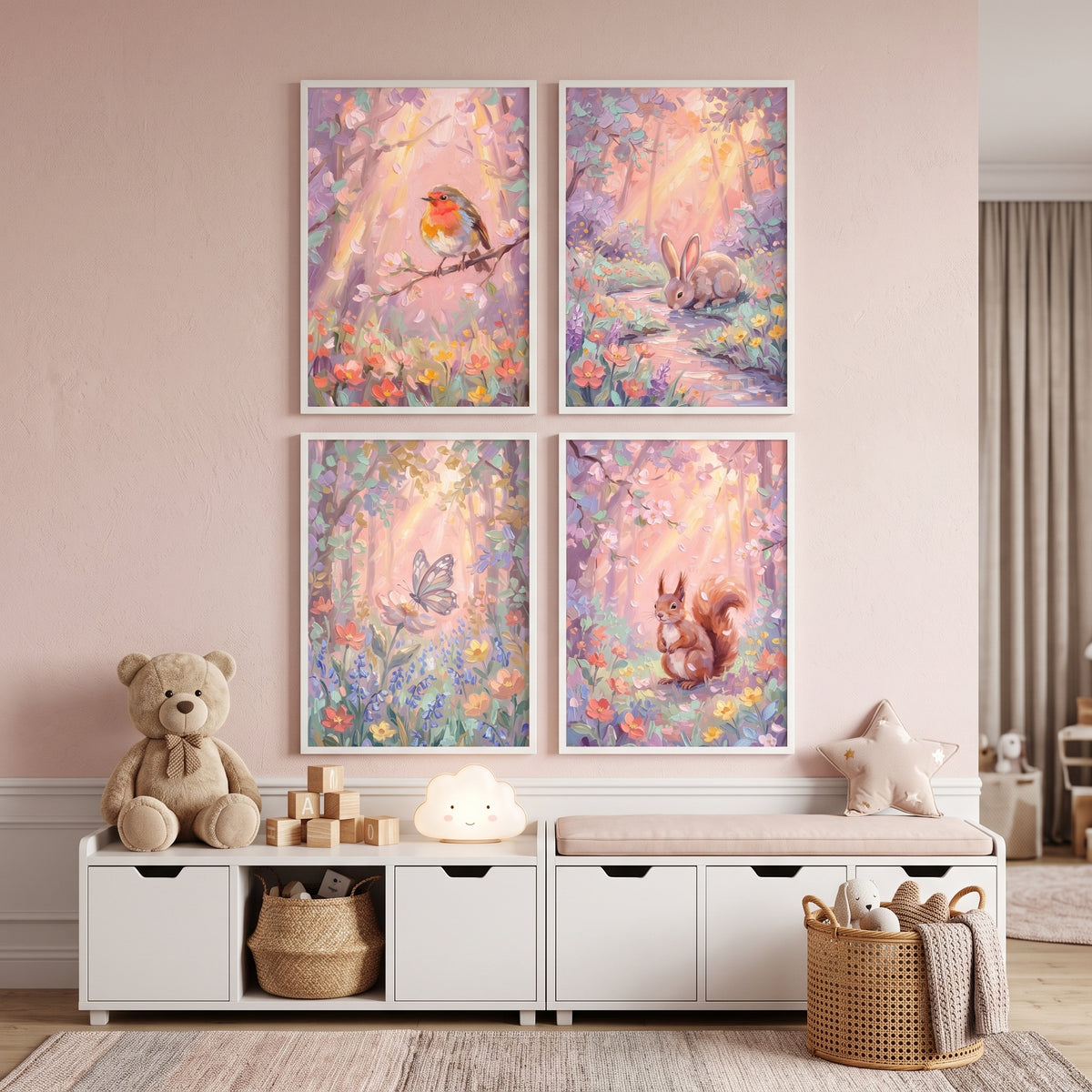 Impasto Pink Forest Animals Wall Art Set of 4 - Golden Hour Woods