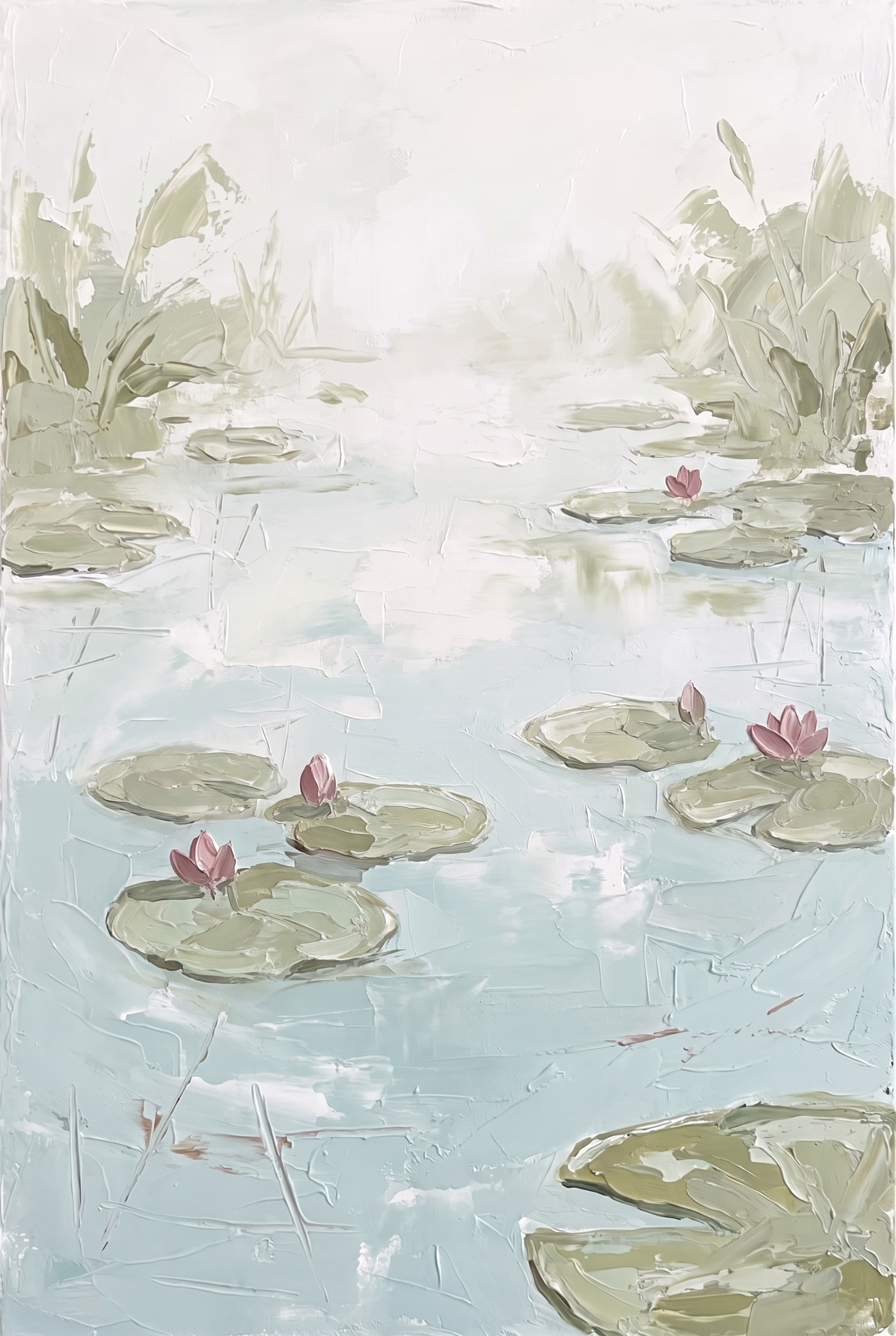 Impasto Pink Water Lily Pond Wall Art - Misty Lily Pond