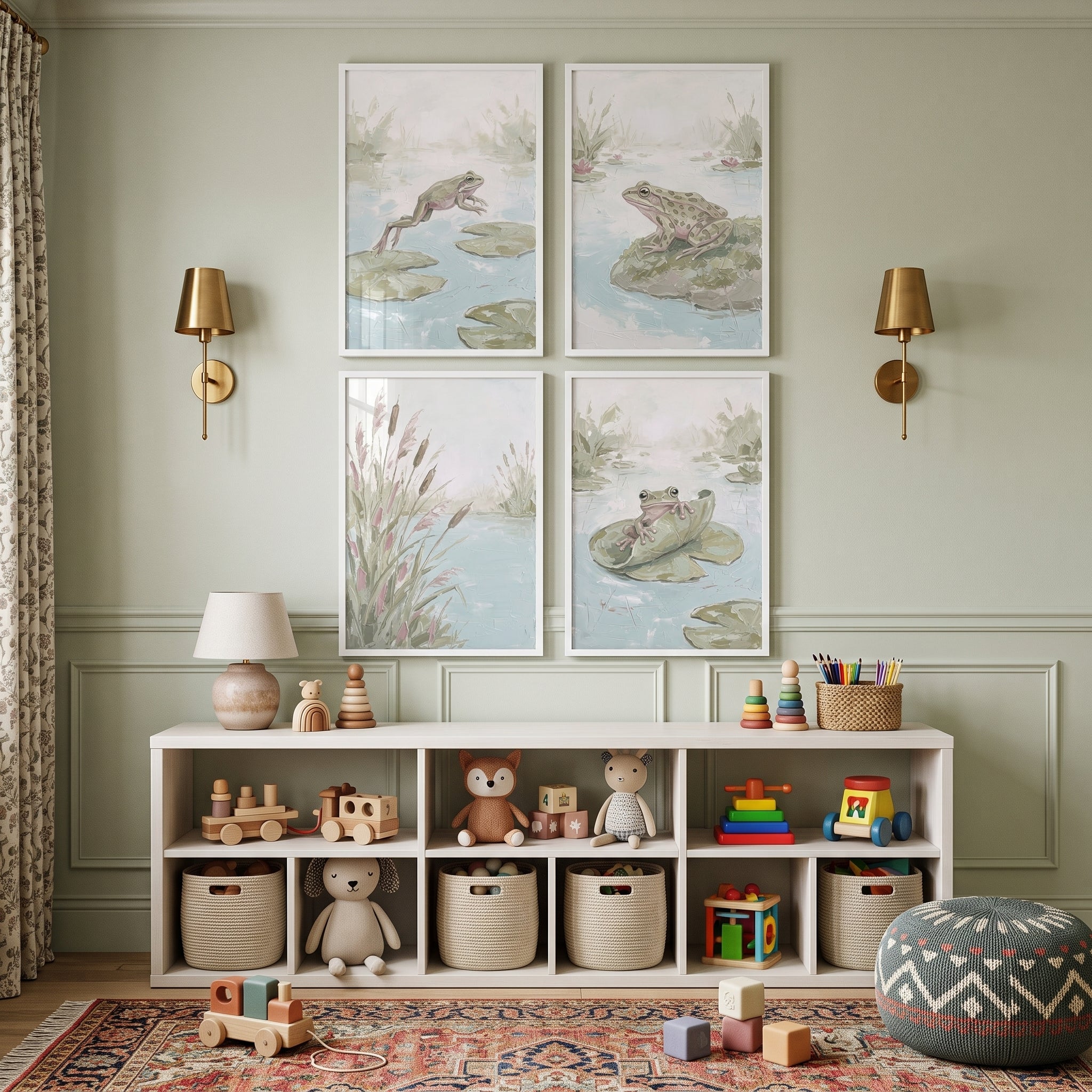 Impasto Style Sage Green Pond Artwork Set Of 4 - Serene Lily Pond