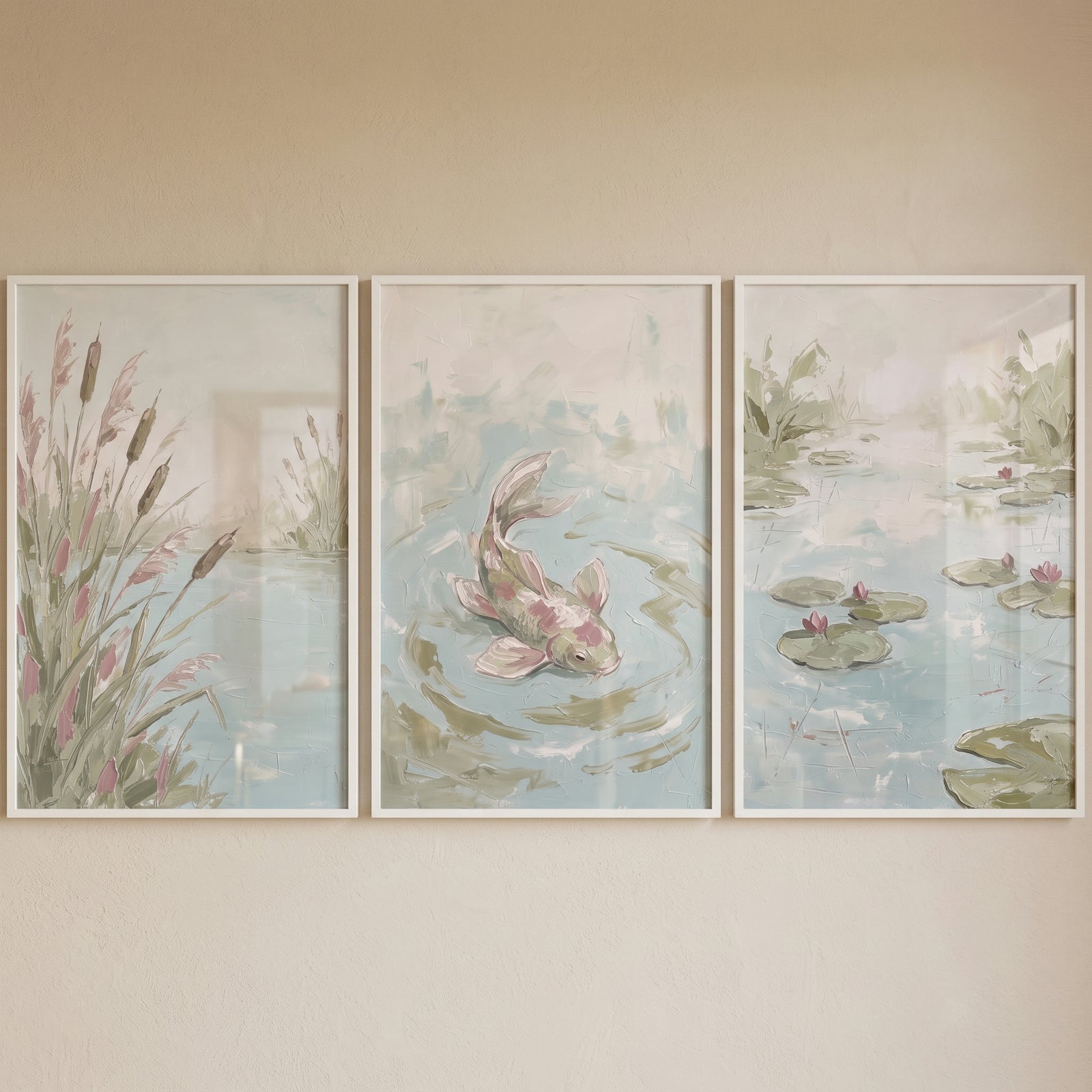 Impasto sage green pond wall art set of 3 featuring reeds, a swimming koi fish, and lily pads in muted pastel tones.