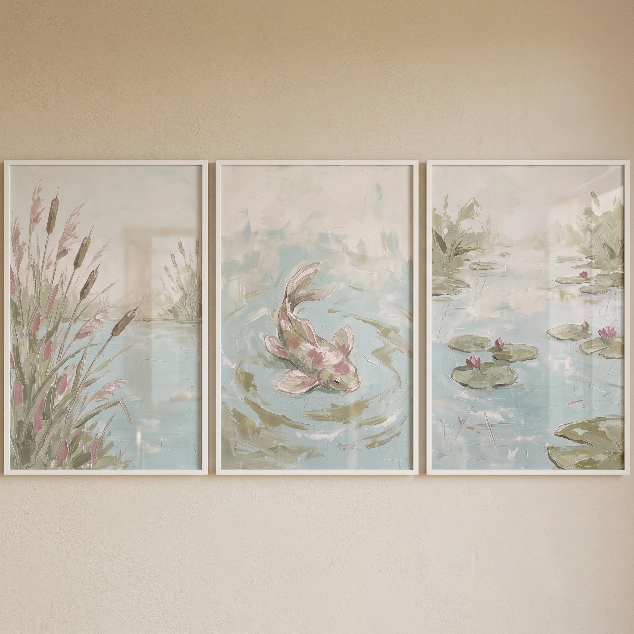 Impasto Sage Green Pond Wall Art Set Of 3 - Tranquil Water Garden