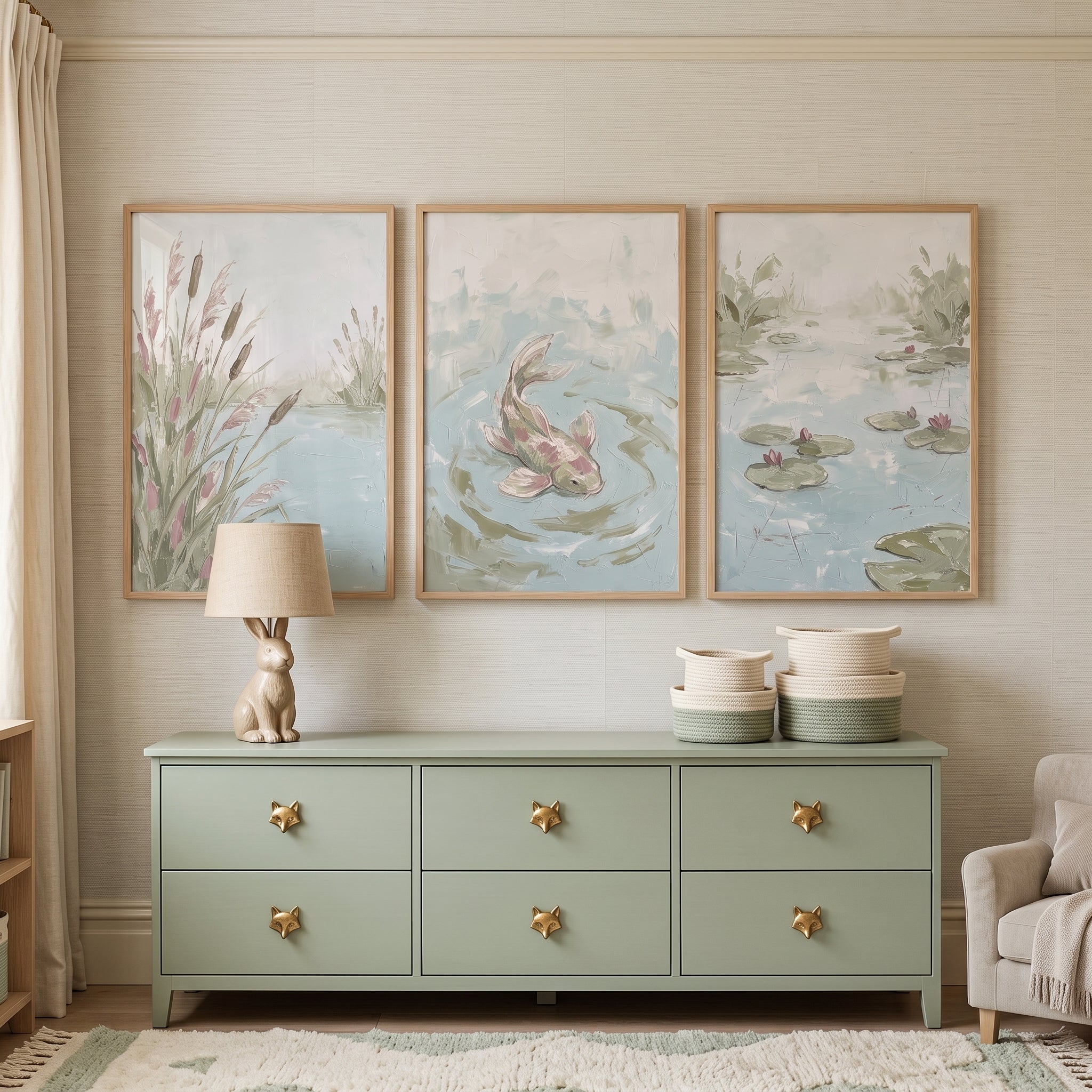 Impasto Sage Green Pond Wall Art Set Of 3 - Tranquil Water Garden