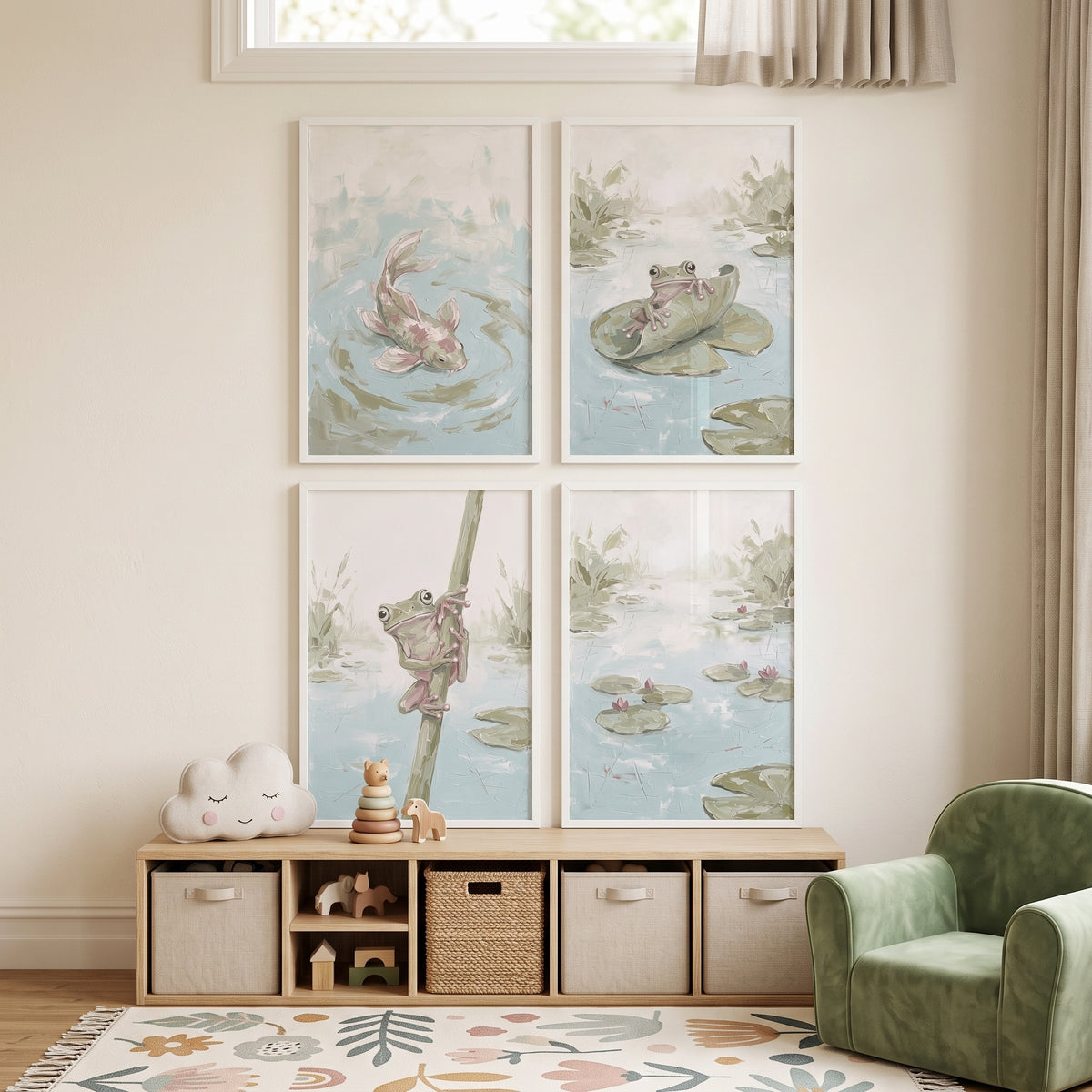 Impasto Style Sage Marsh Animals Wall Art Set Of 4 - Gentle Water Friends