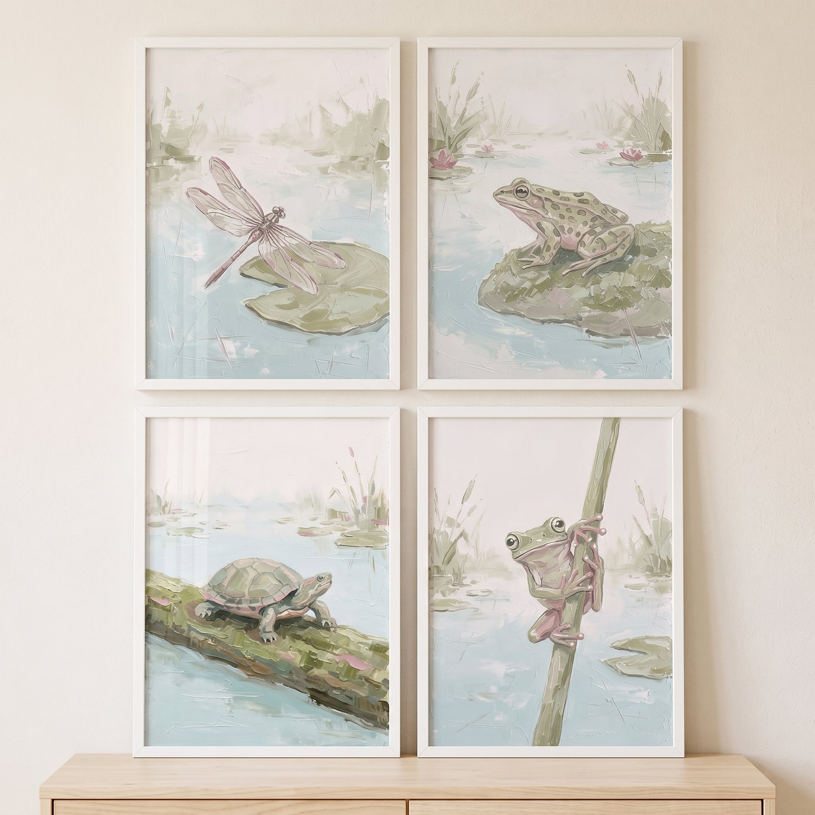 Impasto sage pond animals wall art set of 4 featuring a dragonfly, two frogs, and a turtle in calm water scenes.