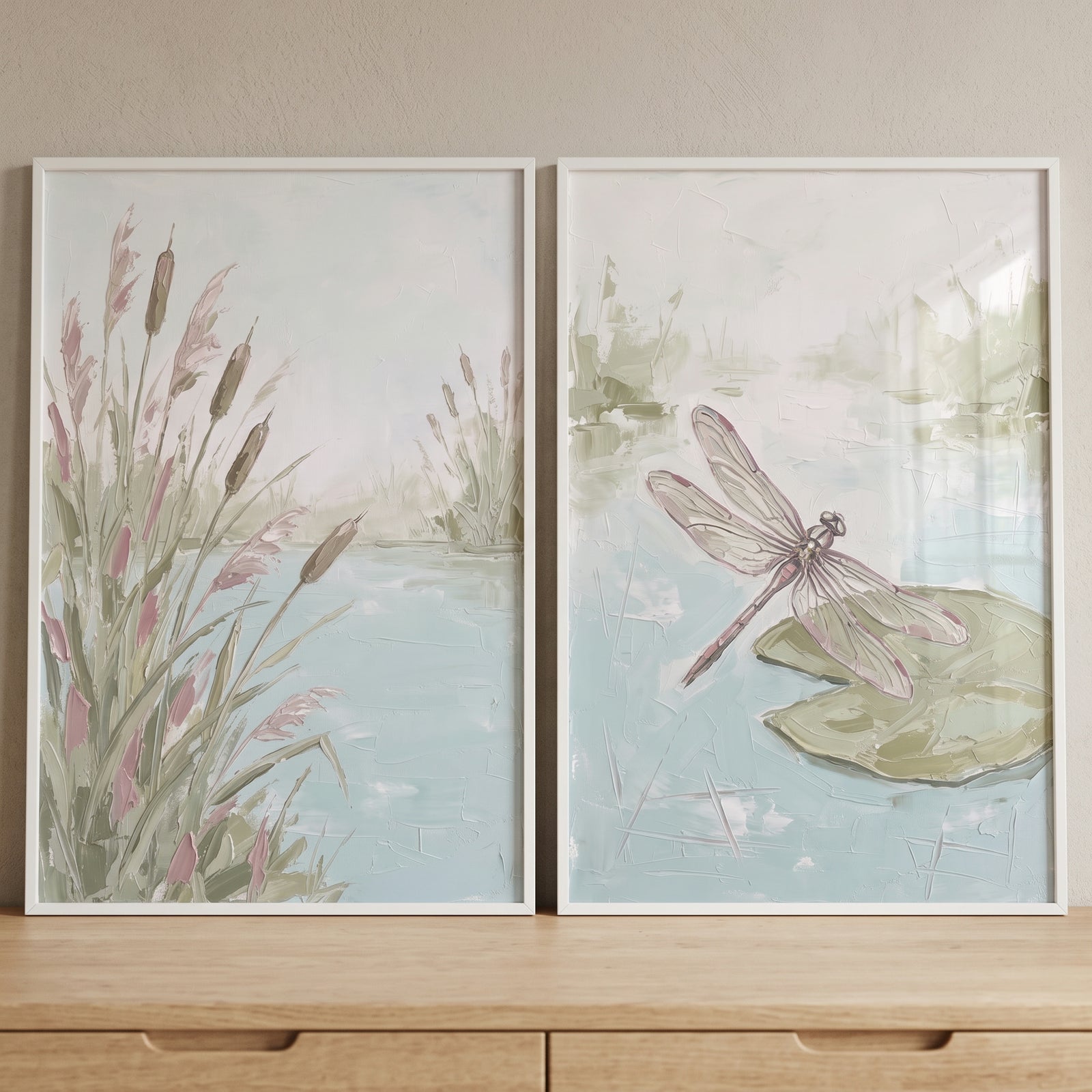 Impasto sage pond wall art set of 2 featuring cattails, reeds, and a dragonfly resting on a lily pad.
