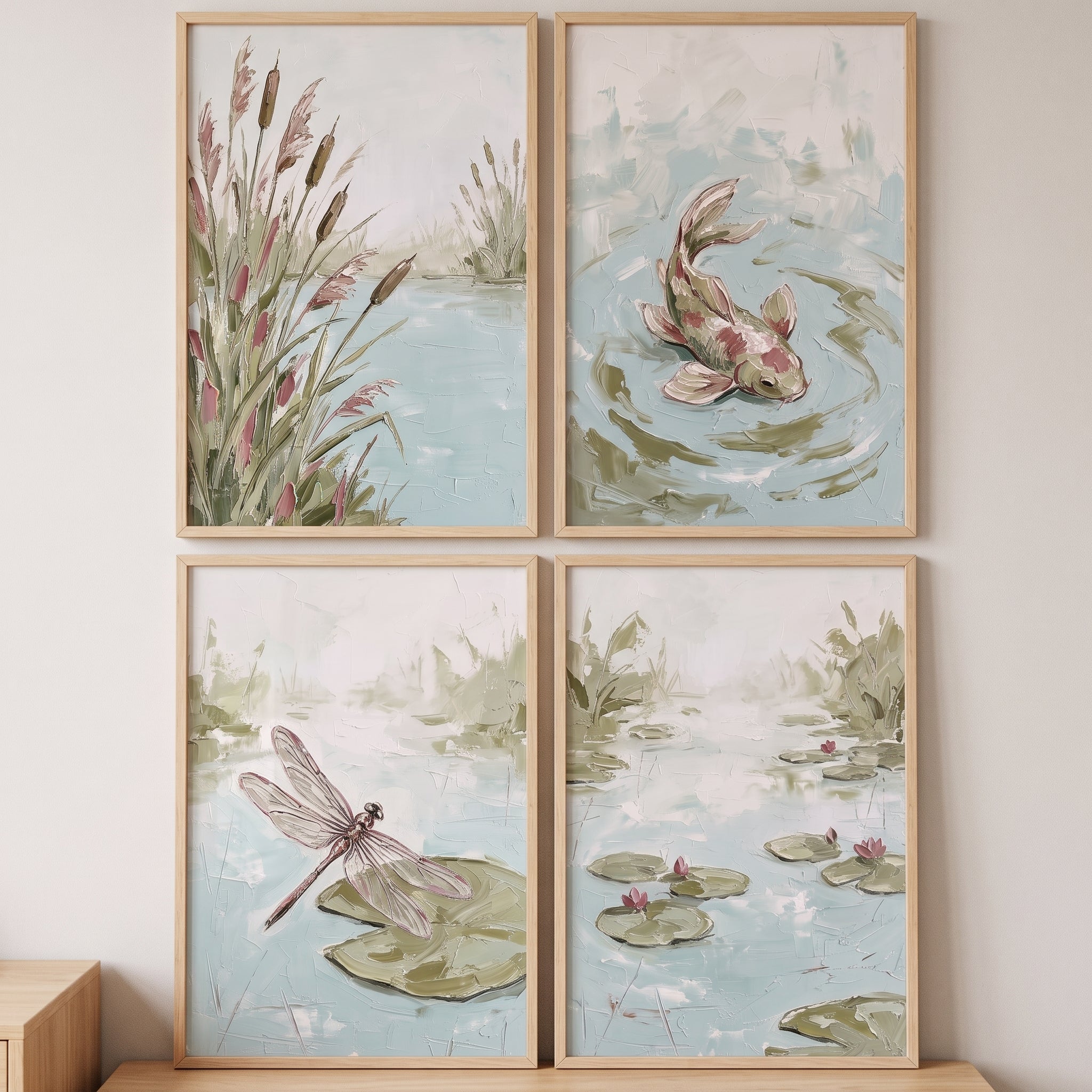 Impasto Style Sage Pond Wall Art Set Of 4 - Quiet Water Reflections