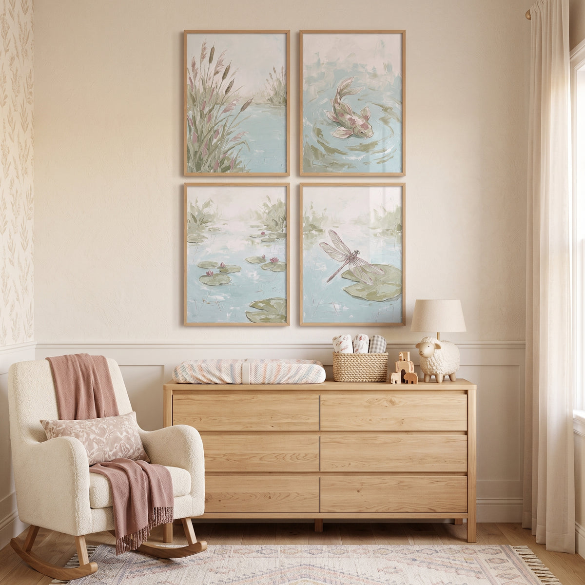Impasto Style Sage Pond Wall Art Set Of 4 - Quiet Water Reflections