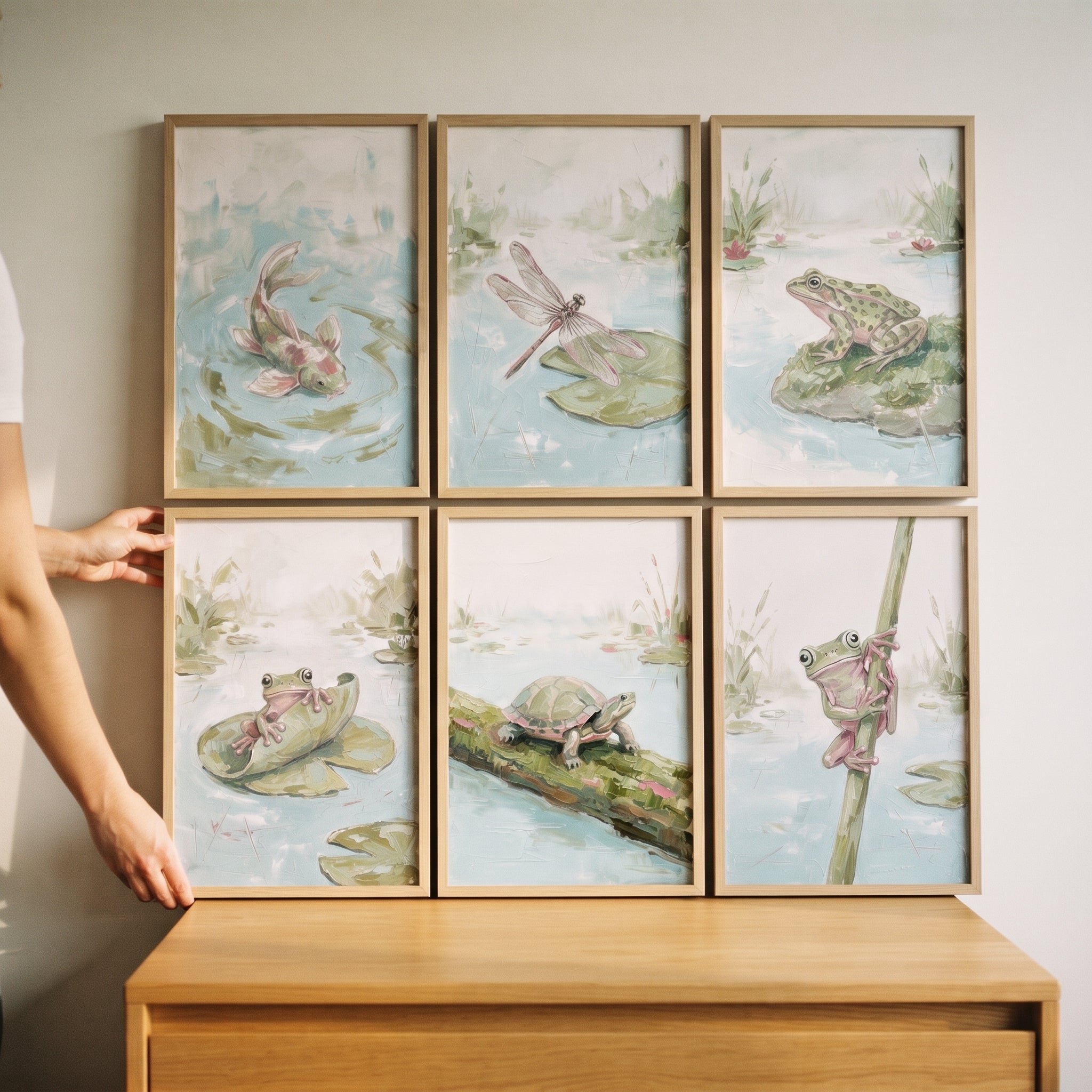 Impasto Sage Pond Wall Art Set Of 6 - Serene Pond Life