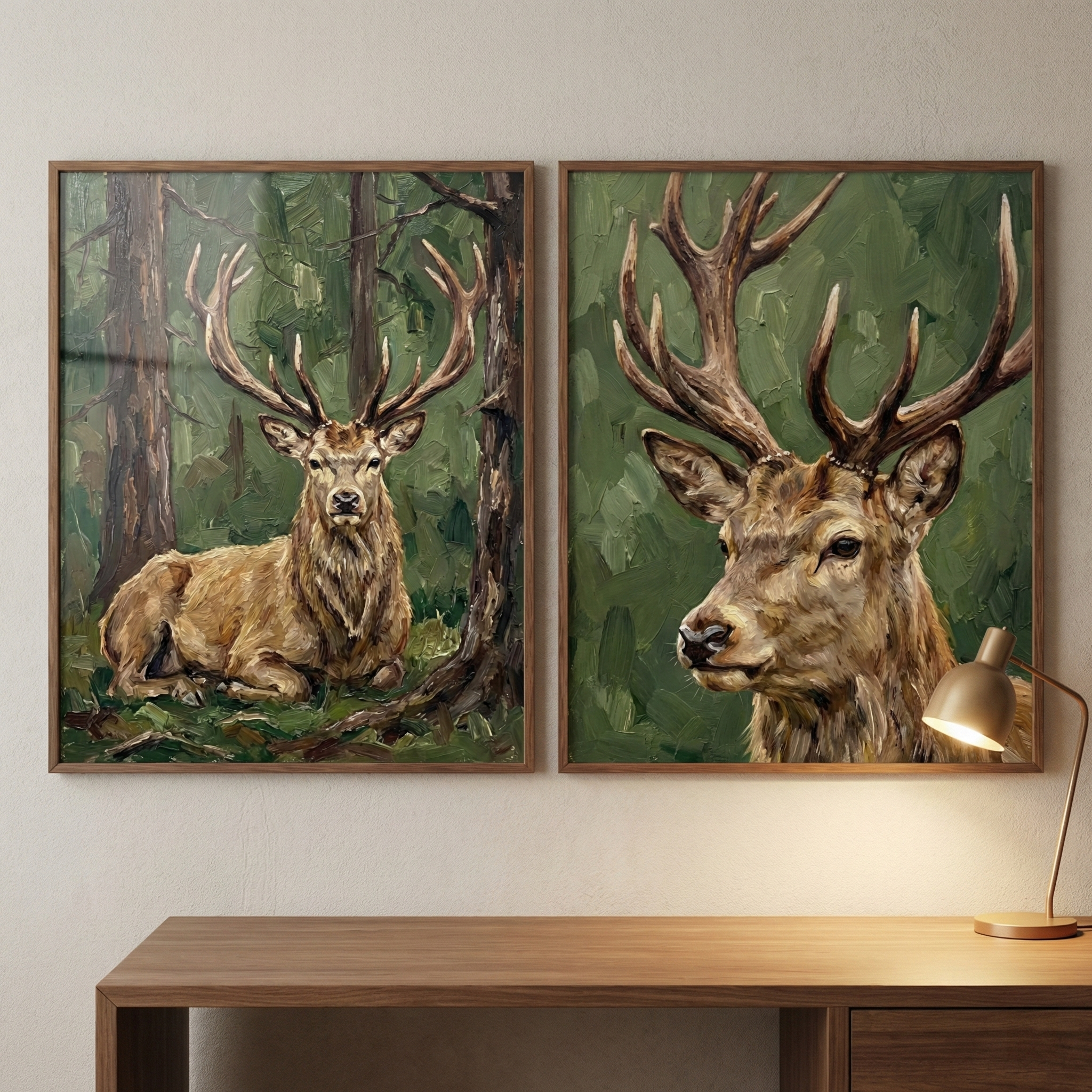 Two framed artworks hang side-by-side above a wooden desk. The left piece depicts a stag with large antlers resting in a forest of deep green and brown. The right piece is a close-up portrait of a stag's head, showcasing its impressive antlers against a textured green backdrop. Both images feature a bold, textured style. A small brass-colored desk lamp on the right casts a warm light. The matching dark wood frames complement the desk below.