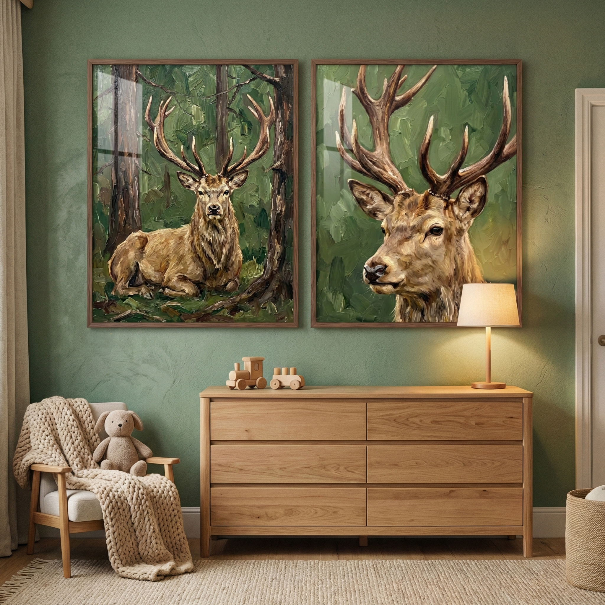Impasto Stag Artwork Set of 2 - Majestic Forest Stag