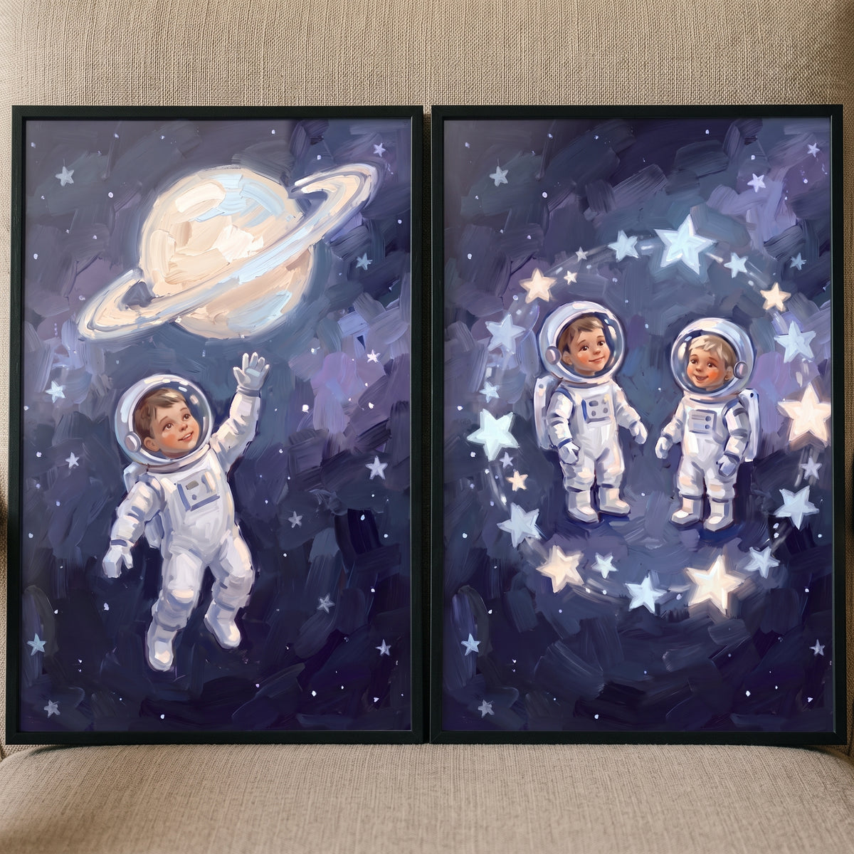 Impasto starry baby astronaut wall art set of 2 with infants in space suits near a ringed planet and glowing stars.