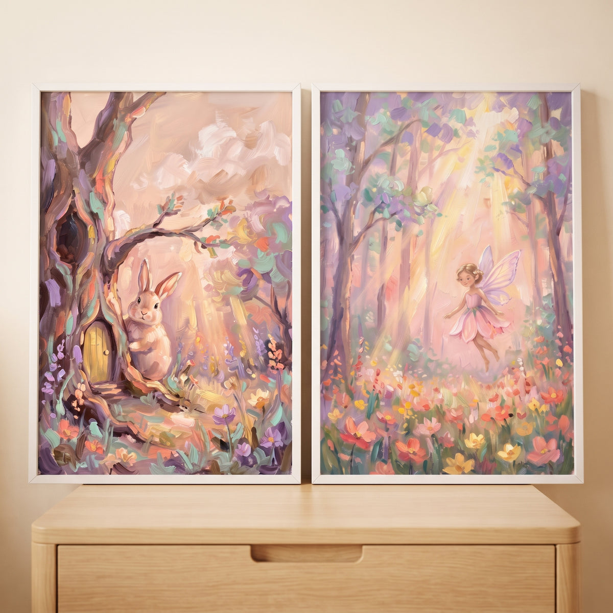 Impasto sunlit enchanted forest wall art set of 2 featuring a bunny by a tree house and a winged fairy among flowers.