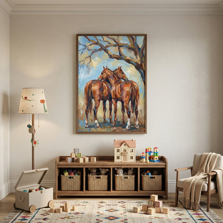 A vertically-oriented framed piece of artwork is the central focus of a children's playroom, depicting two chestnut-colored horses standing side-by-side beneath the sweeping branches of a gnarled tree. The image is rendered with a textured, impressionistic style against a background of soft blue and cream tones.