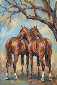 Two brown horses stand close together beneath a tree, their bodies turned away while their heads angle toward each other. The warm tones and textured background create a quiet, intimate moment in nature.

